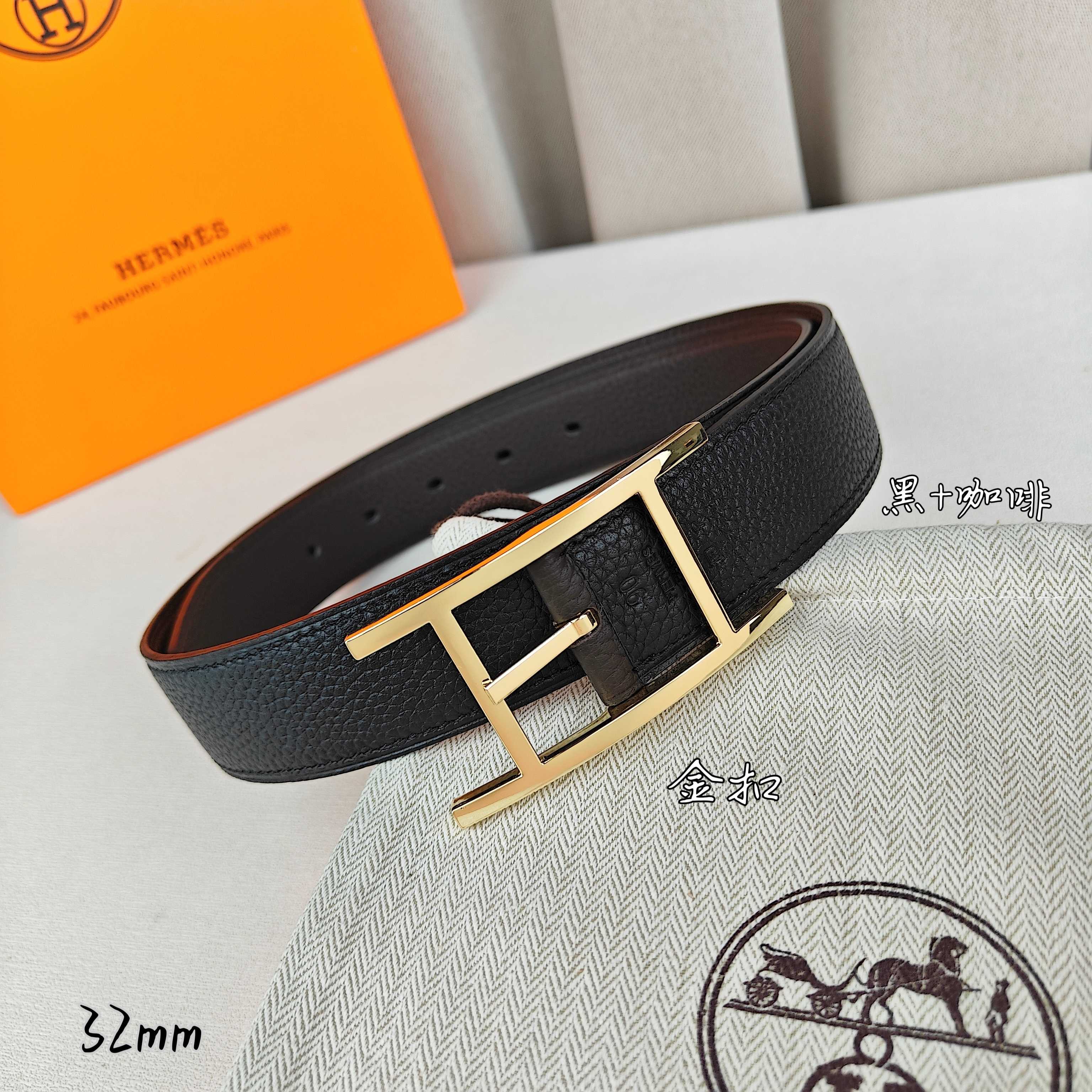 Hermès 爱马仕针扣皮带 原单品质 双面荔枝纹 黑+咖啡 32mm宽