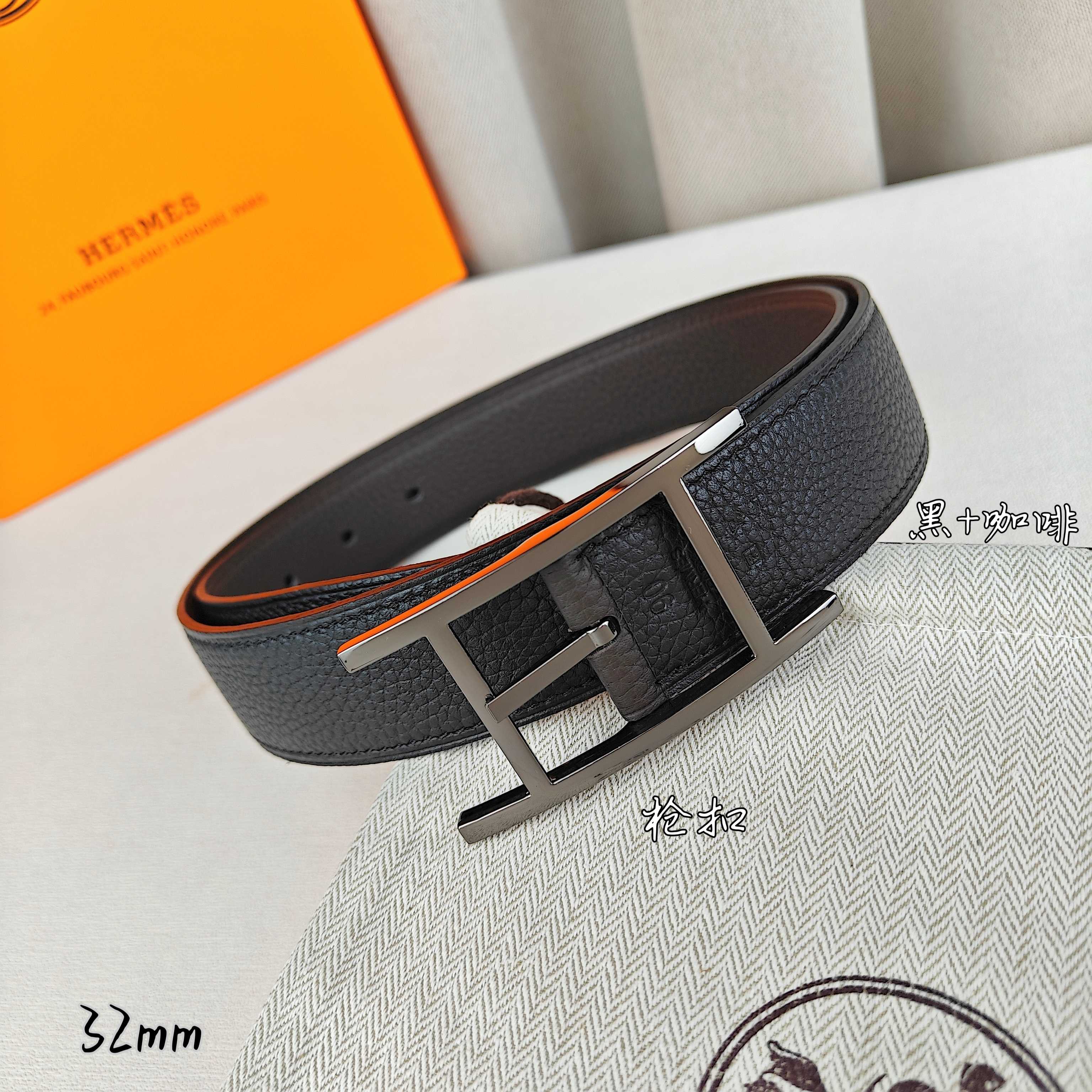 Hermès 爱马仕针扣皮带 原单品质 双面荔枝纹 黑+咖啡 32mm宽