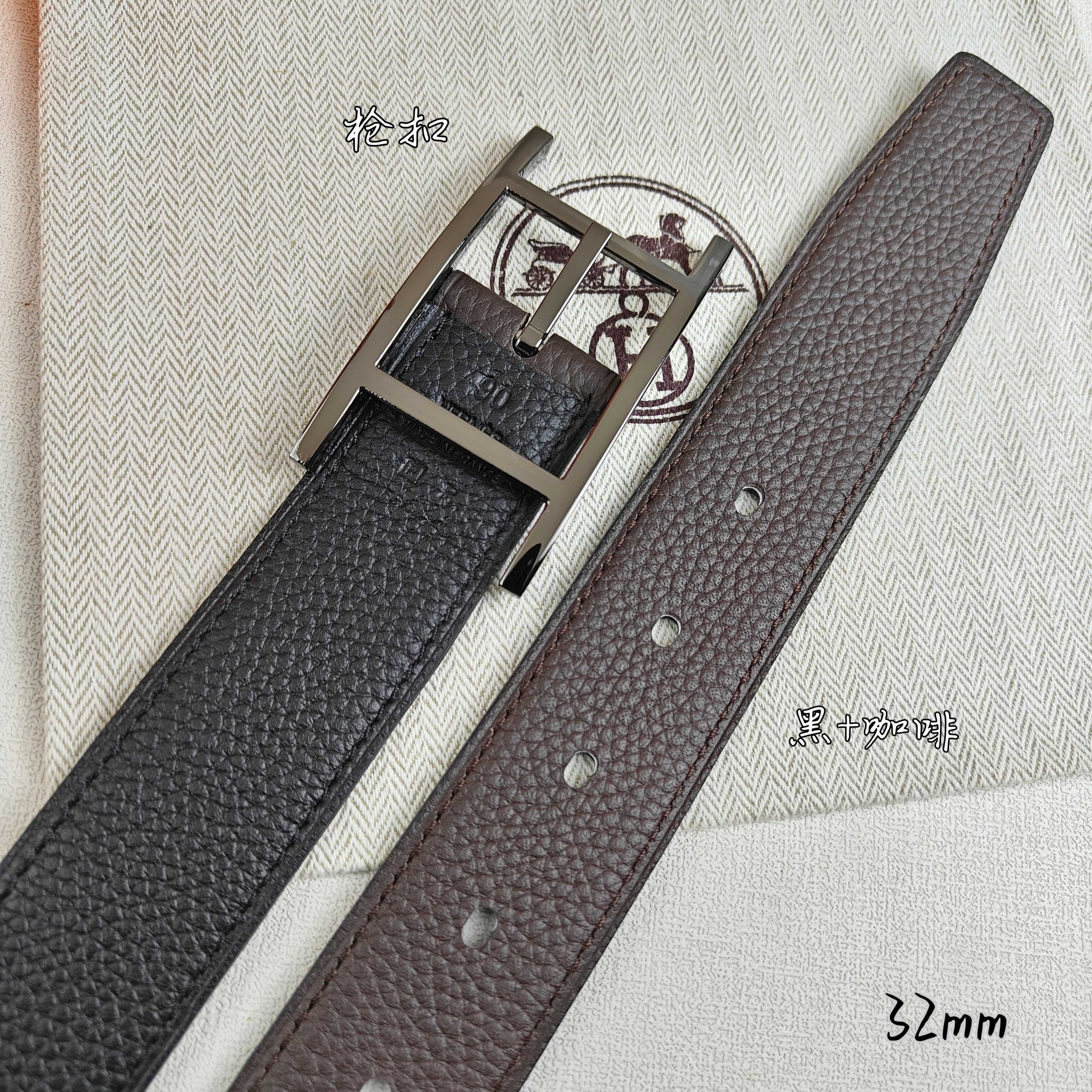 Hermès 爱马仕针扣皮带 原单品质 双面荔枝纹 黑+咖啡 32mm宽