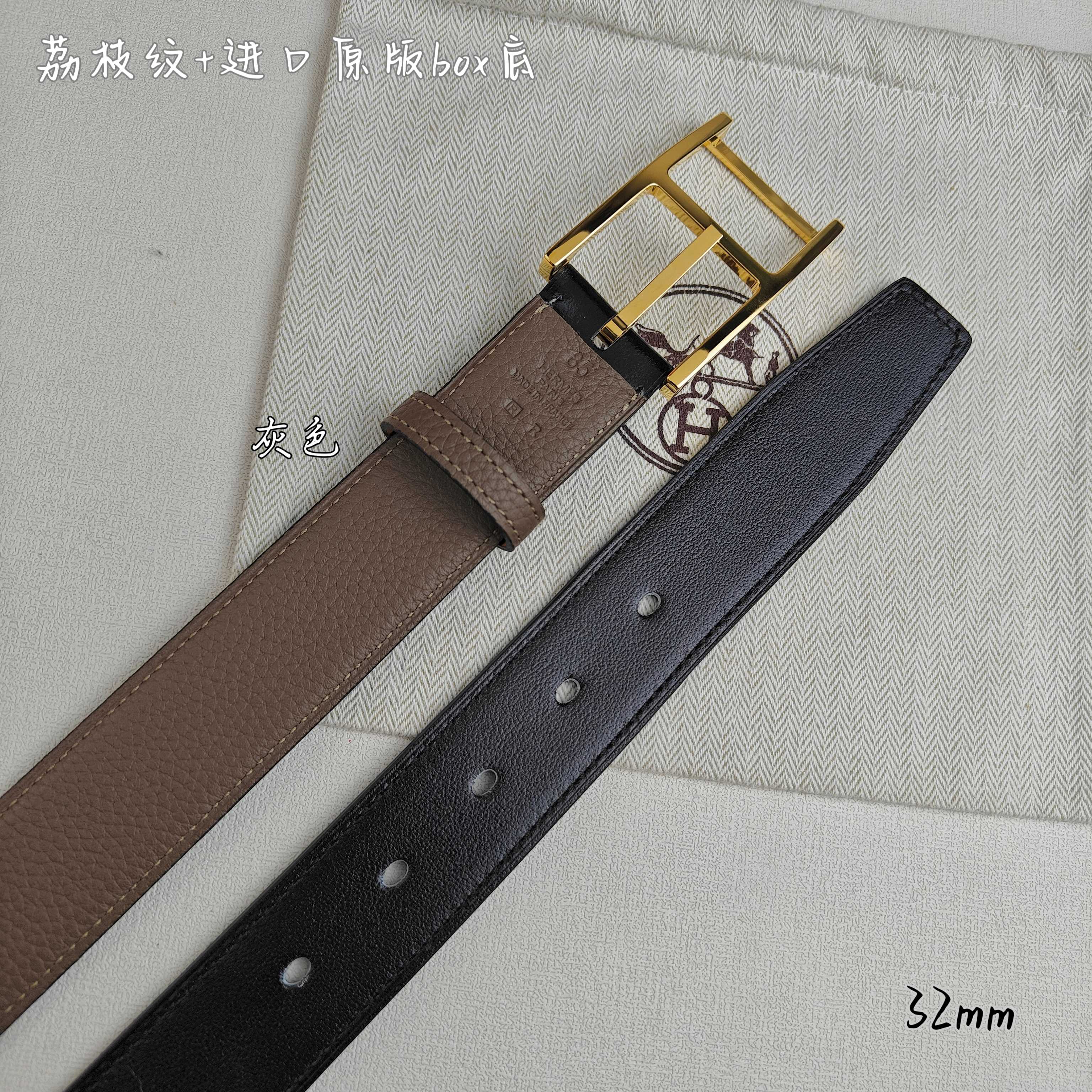 Hermès 爱马仕针扣  原单品质 进口头层牛皮 灰色荔枝纹搭配进口box黑色平纹底   32mm宽  双面可用  配