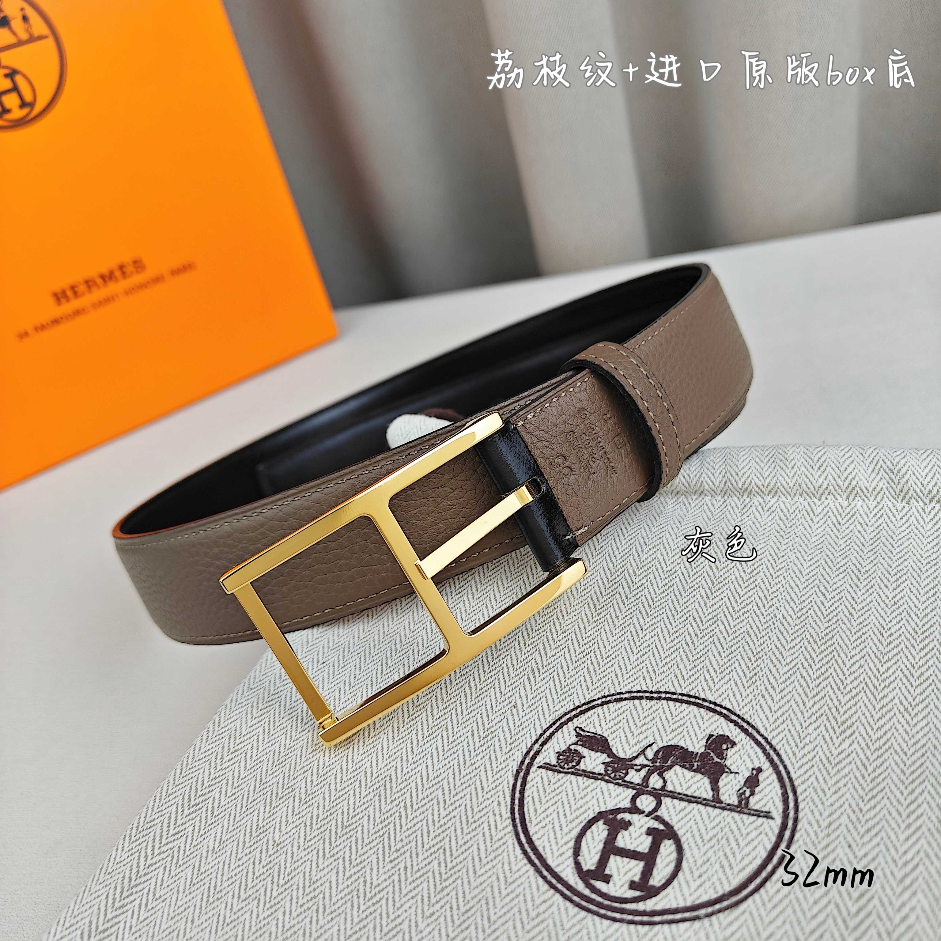 Hermès 爱马仕针扣  原单品质 进口头层牛皮 灰色荔枝纹搭配进口box黑色平纹底   32mm宽  双面可用  配