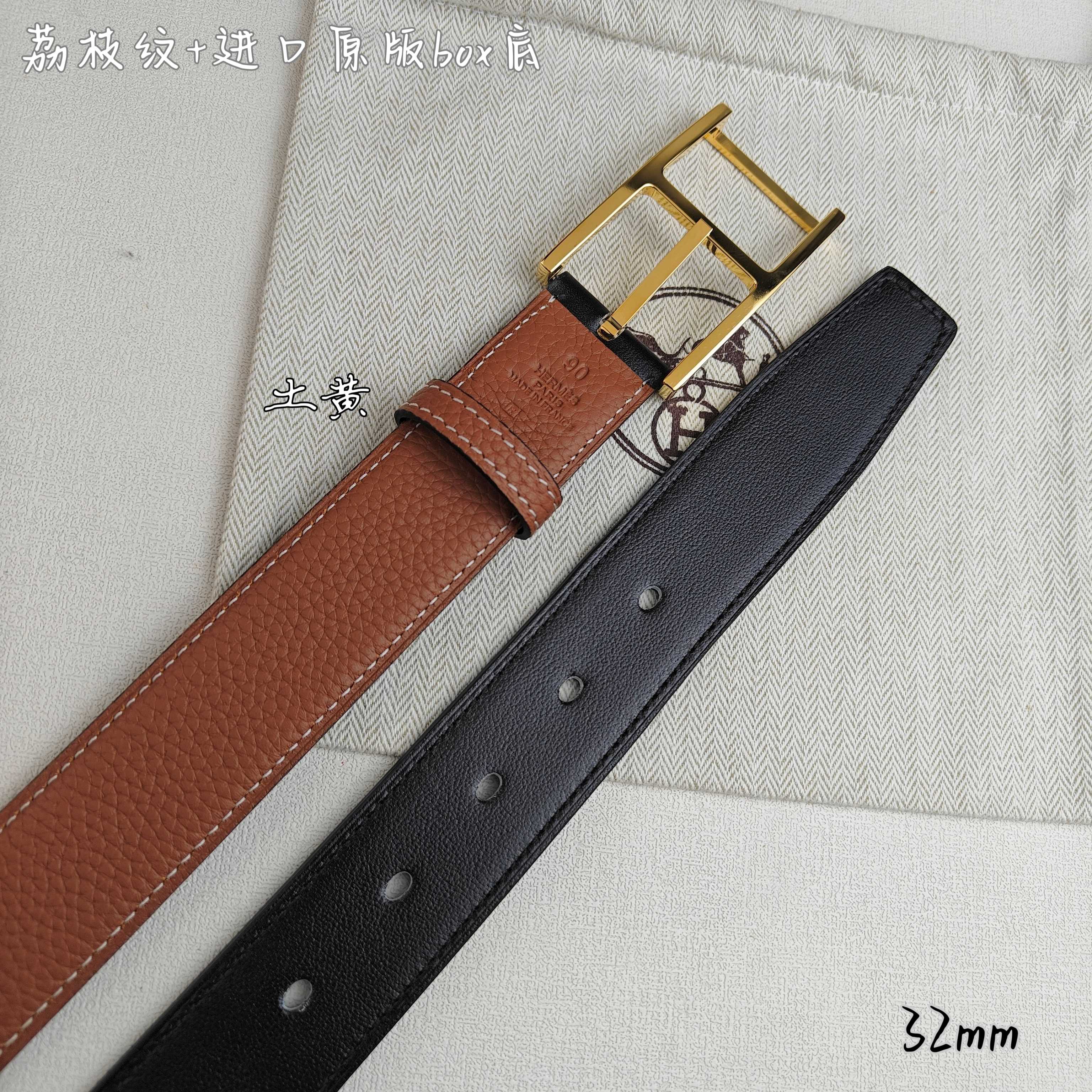 Hermès 爱马仕针扣  原单品质 进口头层牛皮 土黄色荔枝纹搭配进口box黑色平纹底   32mm宽  双面可用  