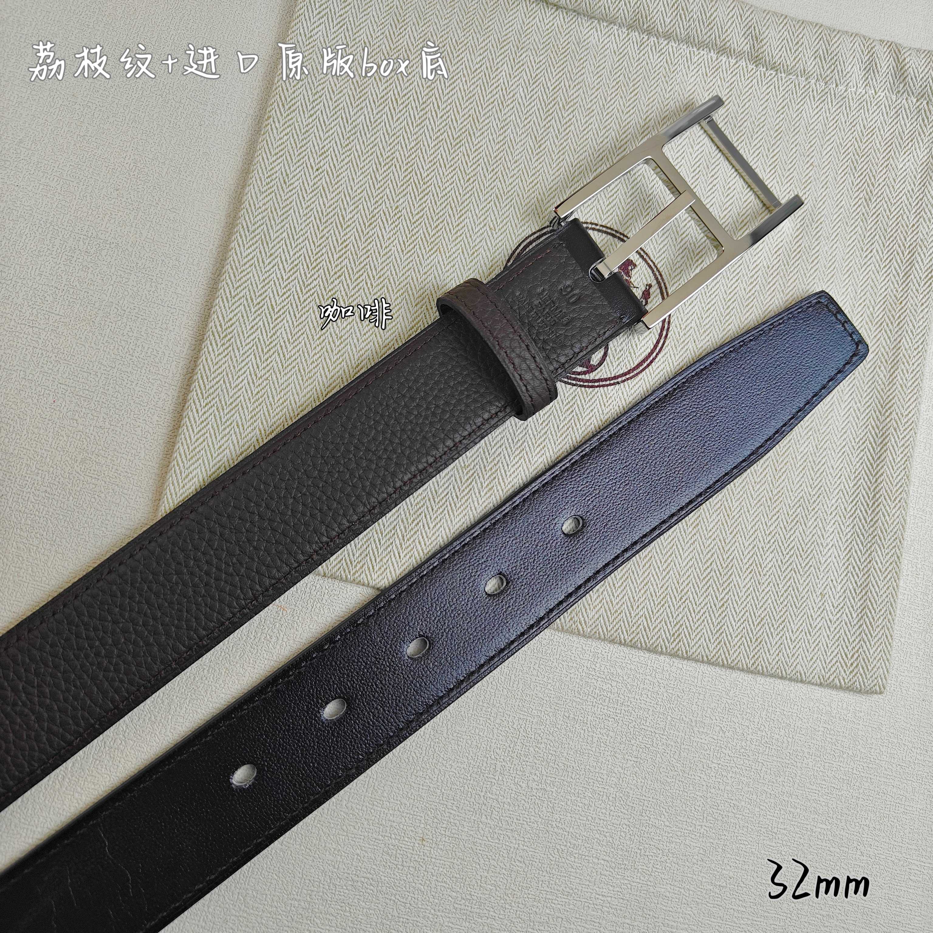 Hermès 爱马仕针扣  原单品质 进口头层牛皮 咖啡色荔枝纹搭配进口box黑色平纹底   32mm宽  双面可用  