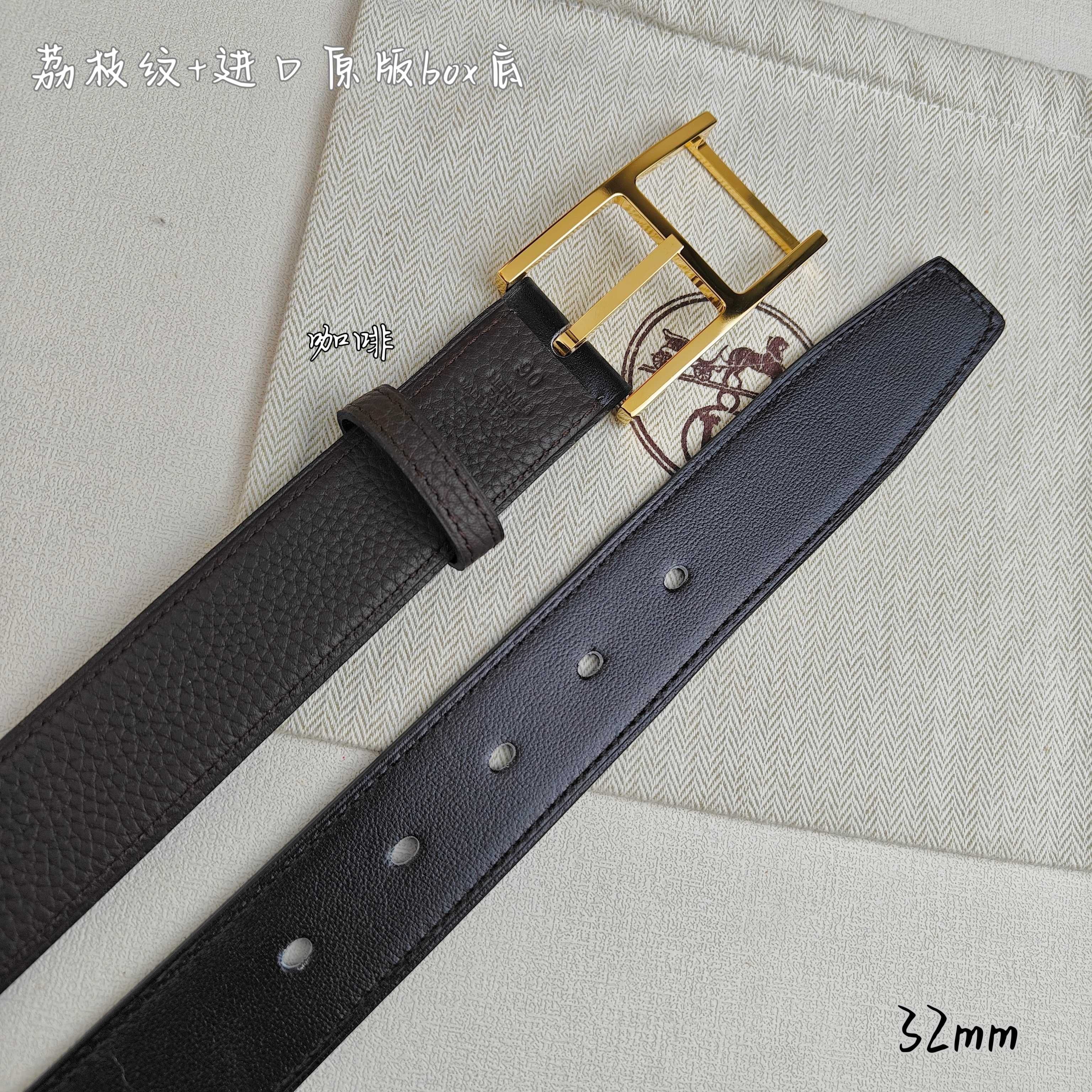 Hermès 爱马仕针扣  原单品质 进口头层牛皮 咖啡色荔枝纹搭配进口box黑色平纹底   32mm宽  双面可用  