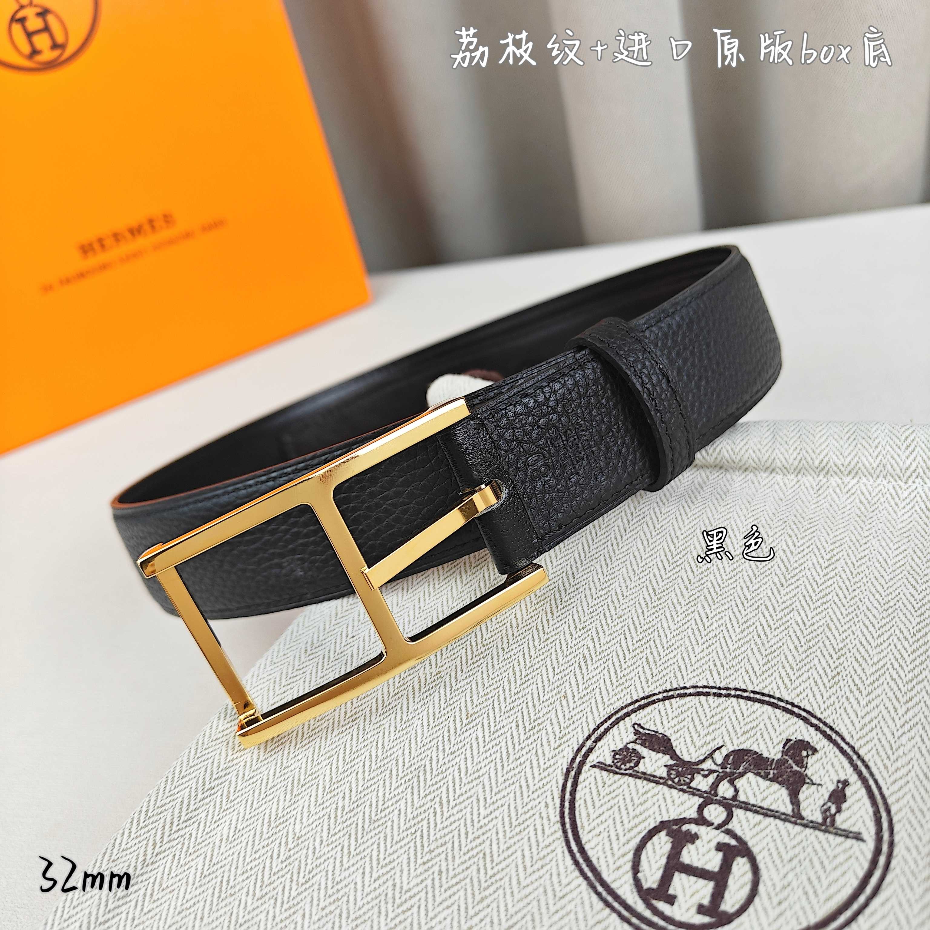 Hermès 爱马仕针扣  原单品质 进口头层牛皮 黑色荔枝纹搭配进口box黑色平纹底   32mm宽  双面可用  配