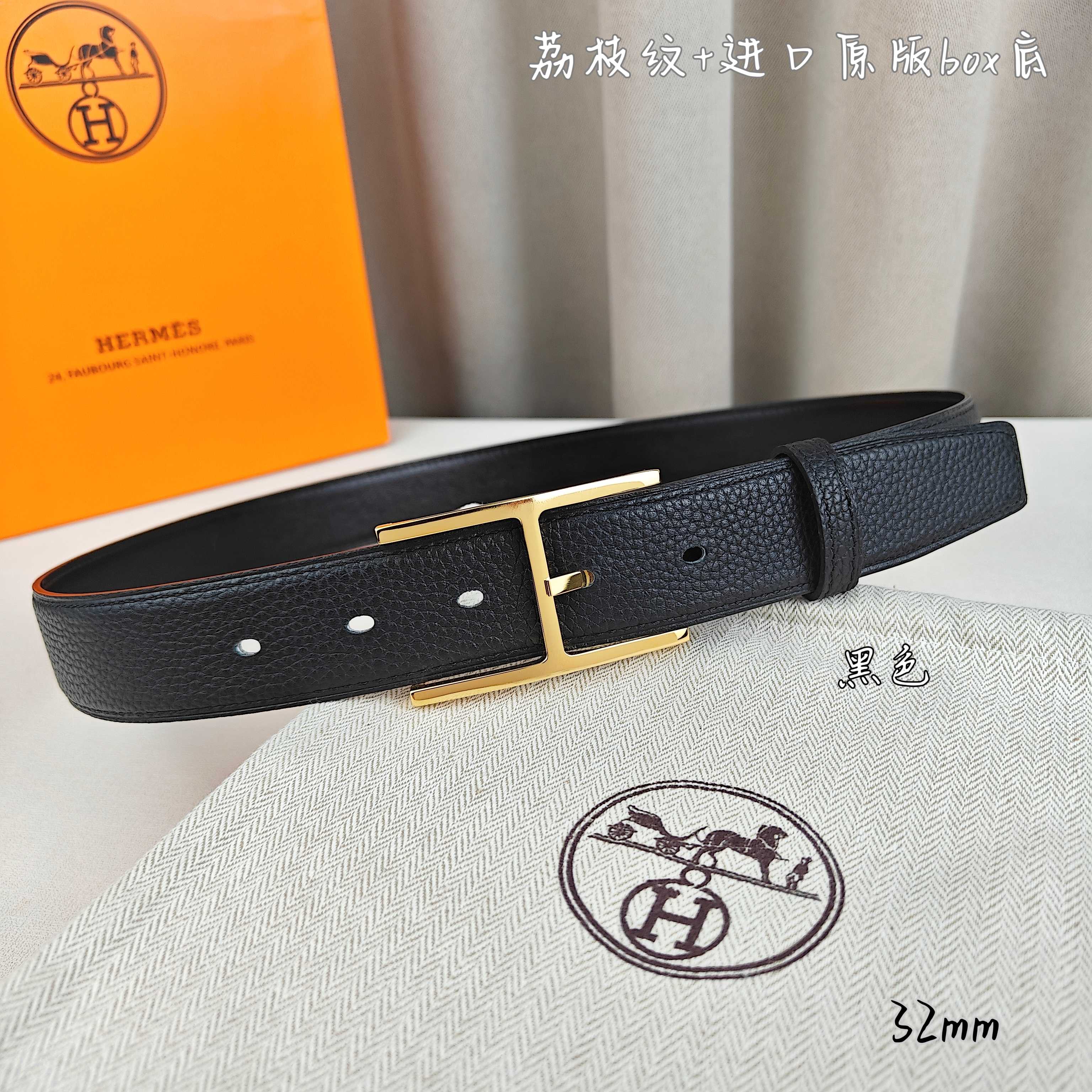 Hermès 爱马仕针扣  原单品质 进口头层牛皮 黑色荔枝纹搭配进口box黑色平纹底   32mm宽  双面可用  配
