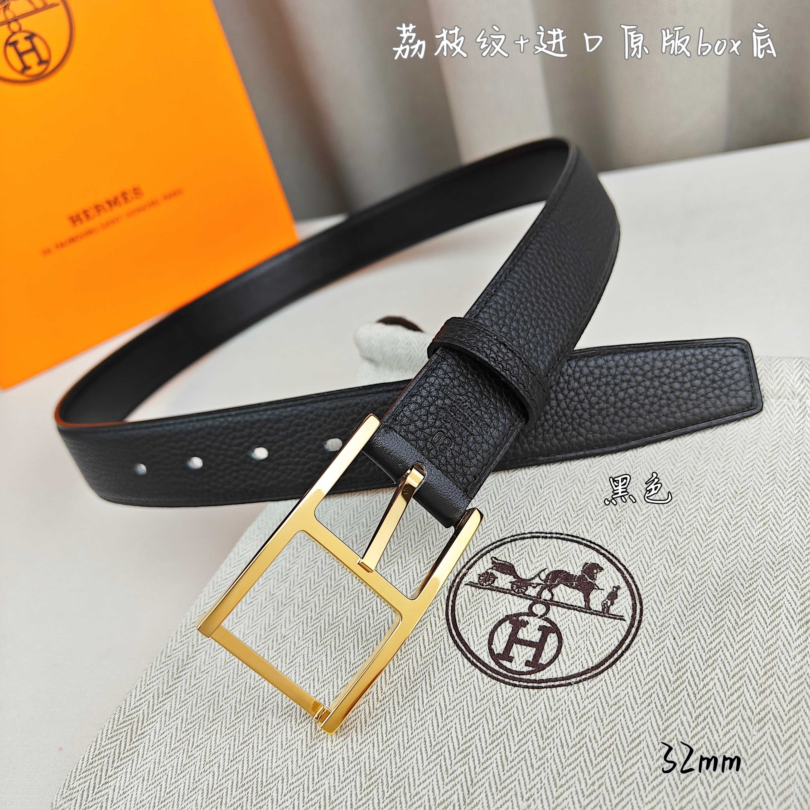 Hermès 爱马仕针扣  原单品质 进口头层牛皮 黑色荔枝纹搭配进口box黑色平纹底   32mm宽  双面可用  配
