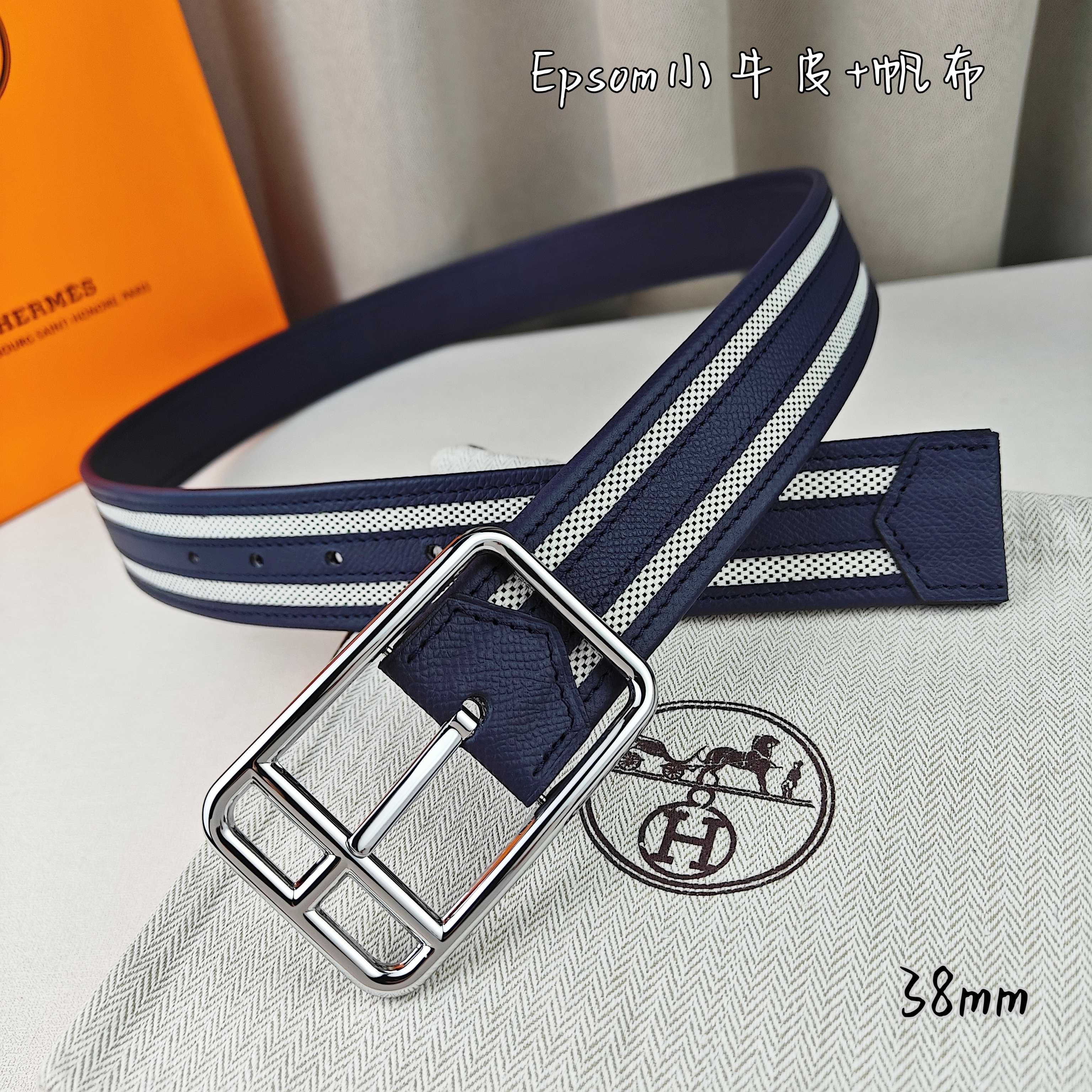   Hermès 爱马仕 新款针扣皮带  原单品质  原版EPsom小牛皮搭配帆布材质  深蓝色  38