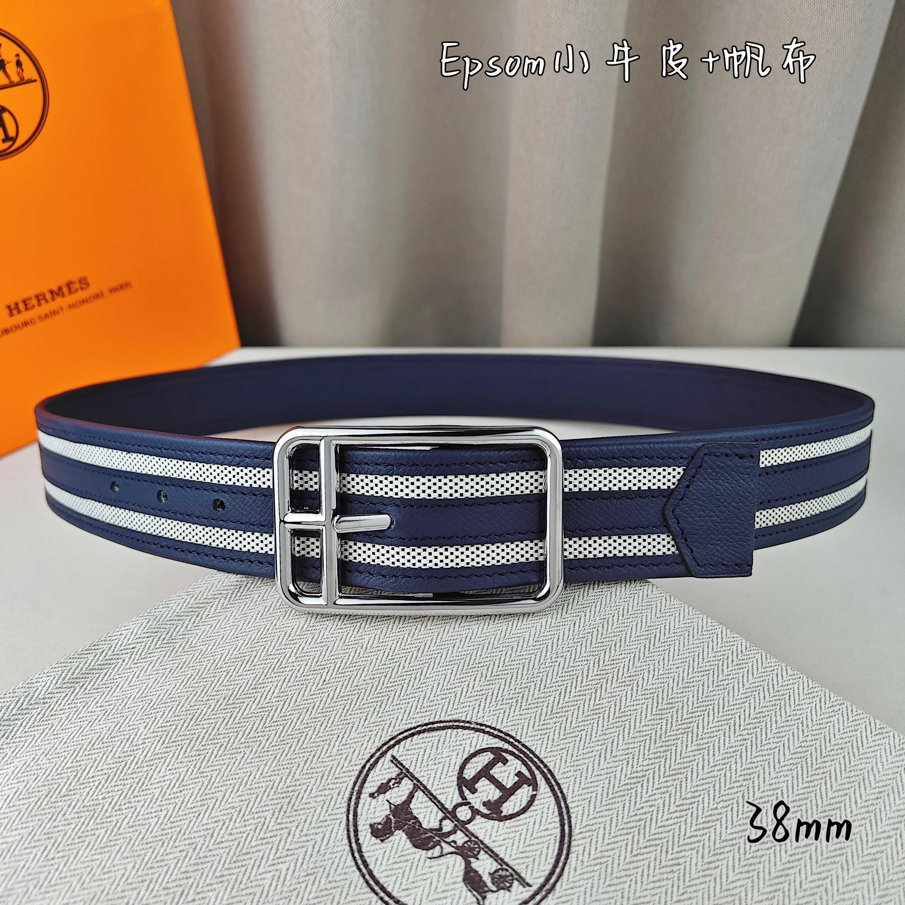  Hermès 爱马仕 新款针扣皮带  原单品质  原版EPsom小牛皮搭配帆布材质  深蓝色  38