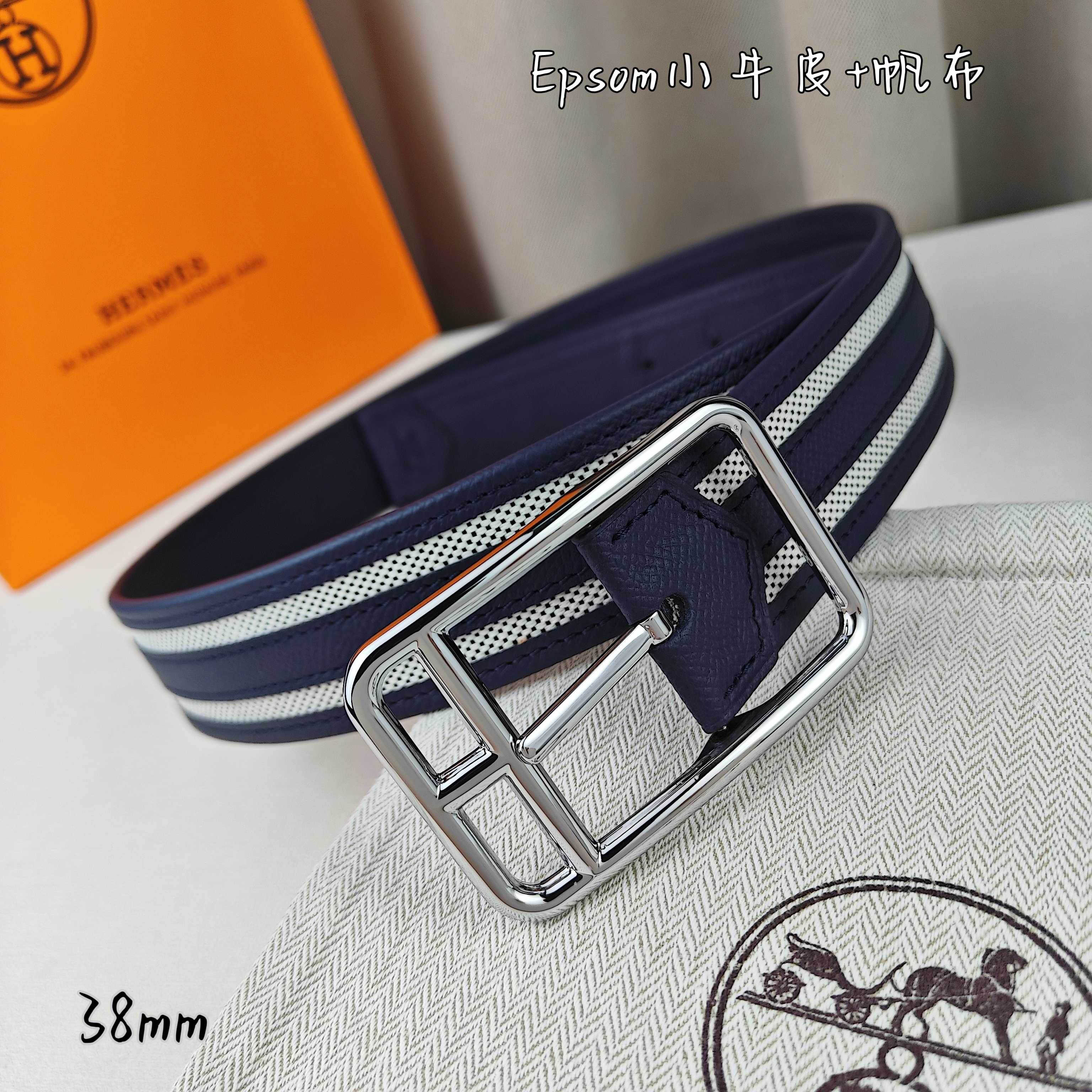   Hermès 爱马仕 新款针扣皮带  原单品质  原版EPsom小牛皮搭配帆布材质  深蓝色  38