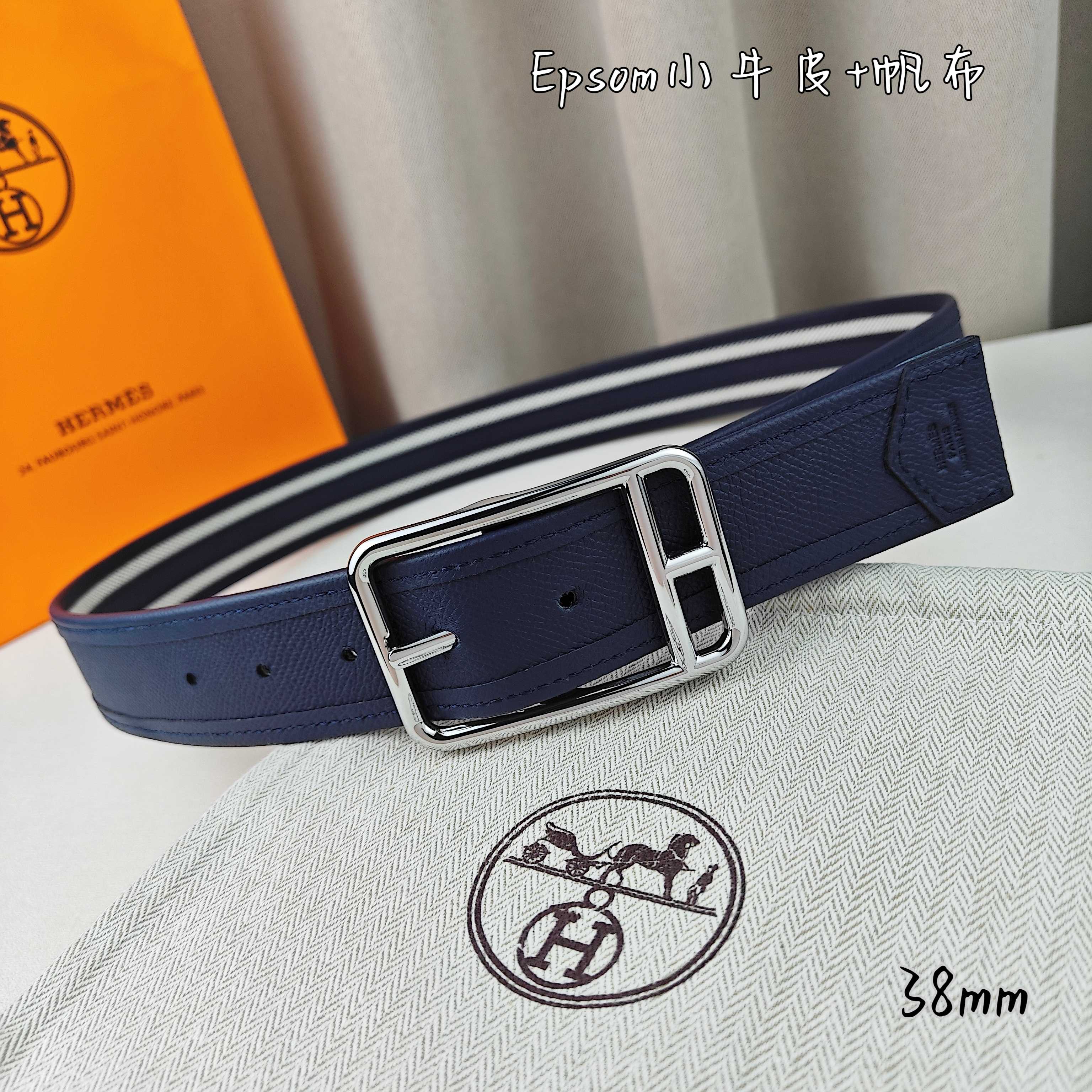   Hermès 爱马仕 新款针扣皮带  原单品质  原版EPsom小牛皮搭配帆布材质  深蓝色  38
