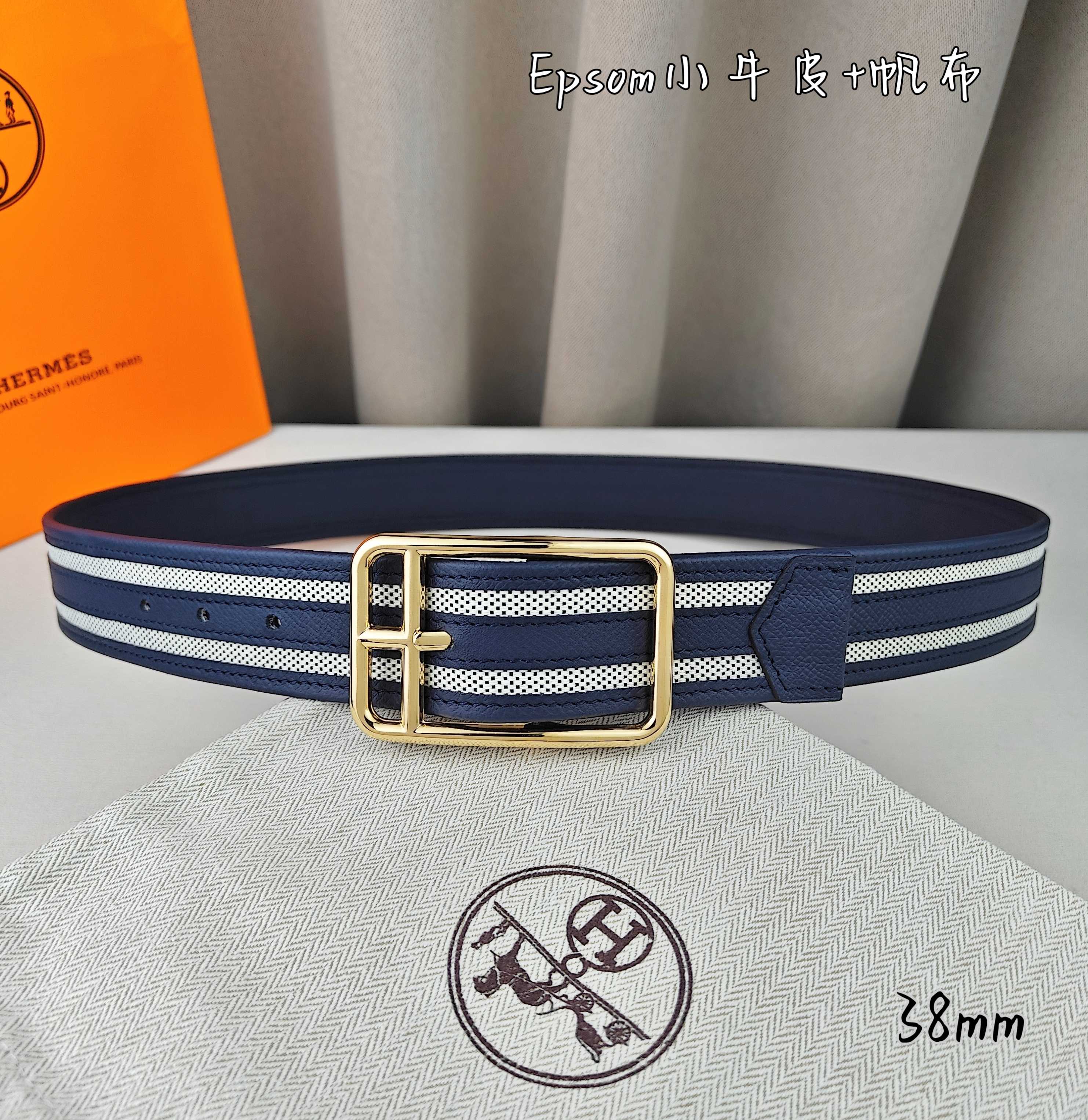   Hermès 爱马仕 新款针扣皮带  原单品质  原版EPsom小牛皮搭配帆布材质  深蓝色  38