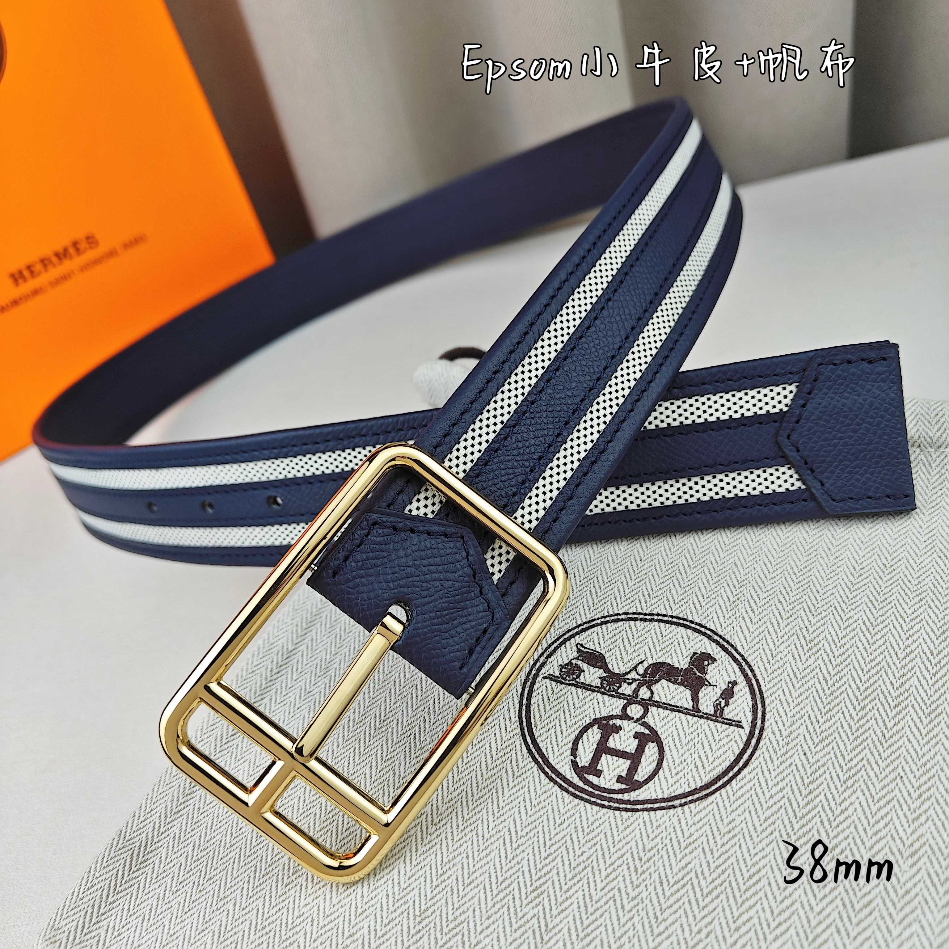   Hermès 爱马仕 新款针扣皮带  原单品质  原版EPsom小牛皮搭配帆布材质  深蓝色  38