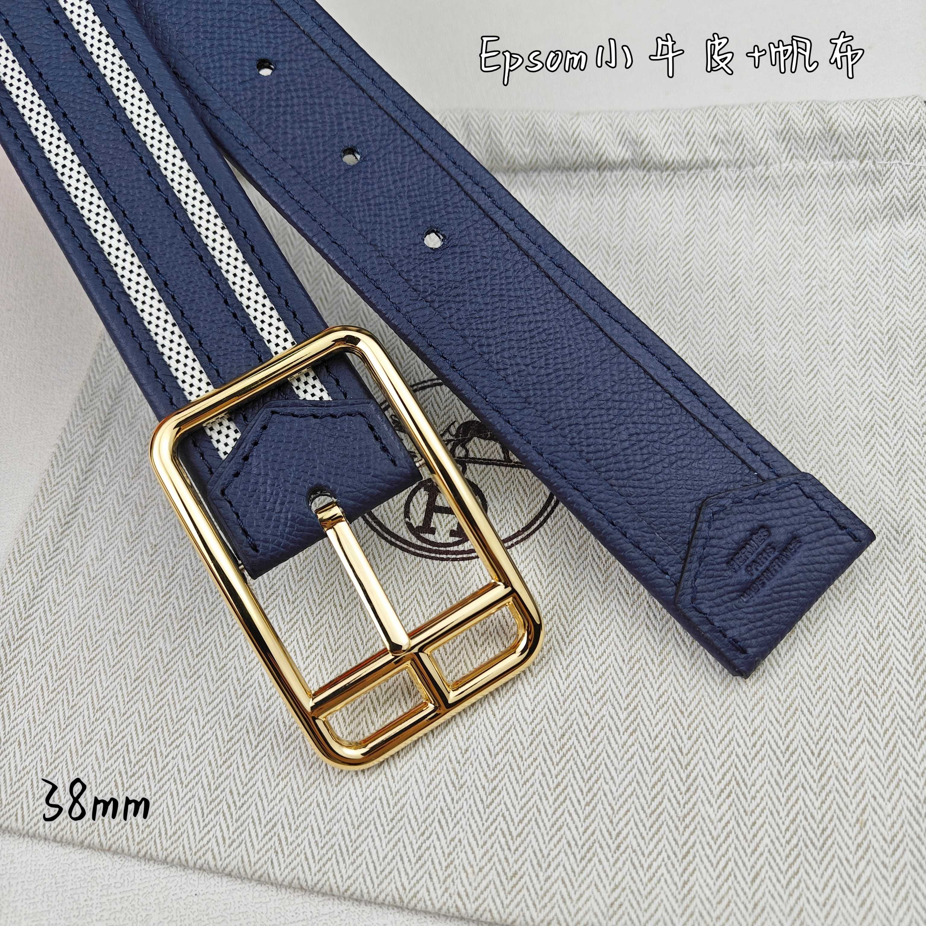   Hermès 爱马仕 新款针扣皮带  原单品质  原版EPsom小牛皮搭配帆布材质  深蓝色  38