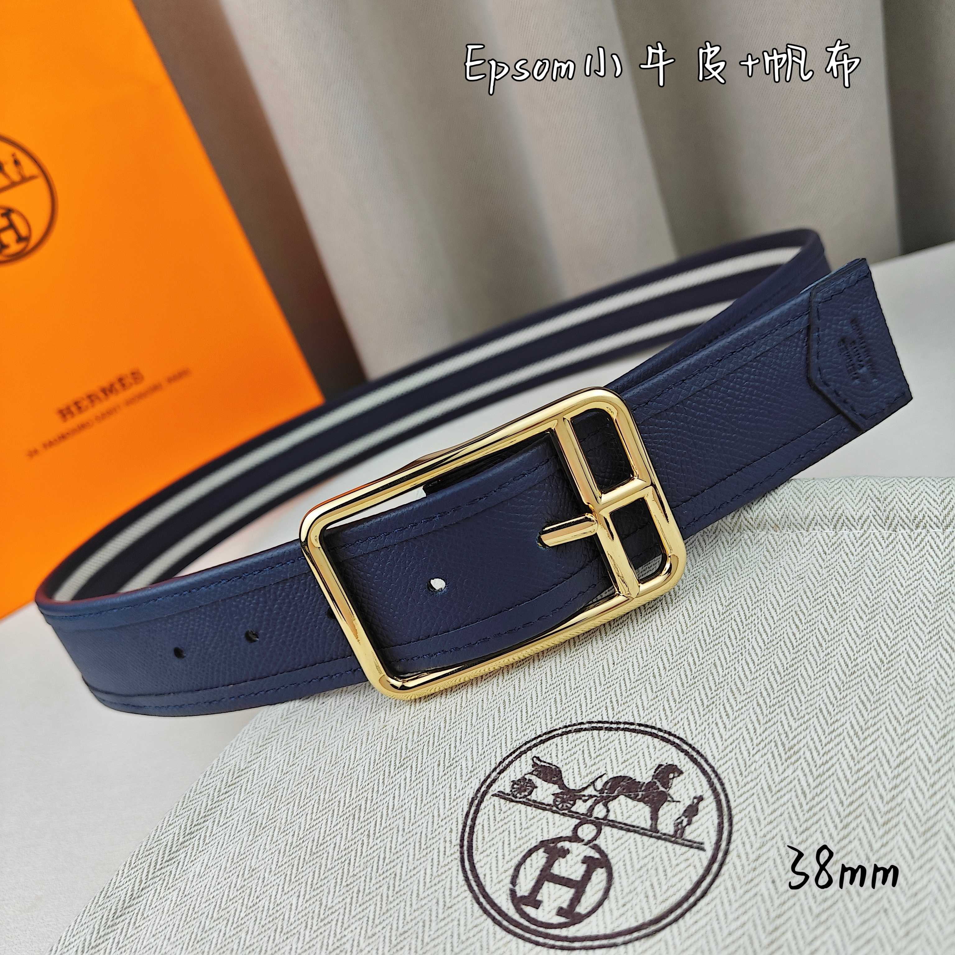   Hermès 爱马仕 新款针扣皮带  原单品质  原版EPsom小牛皮搭配帆布材质  深蓝色  38