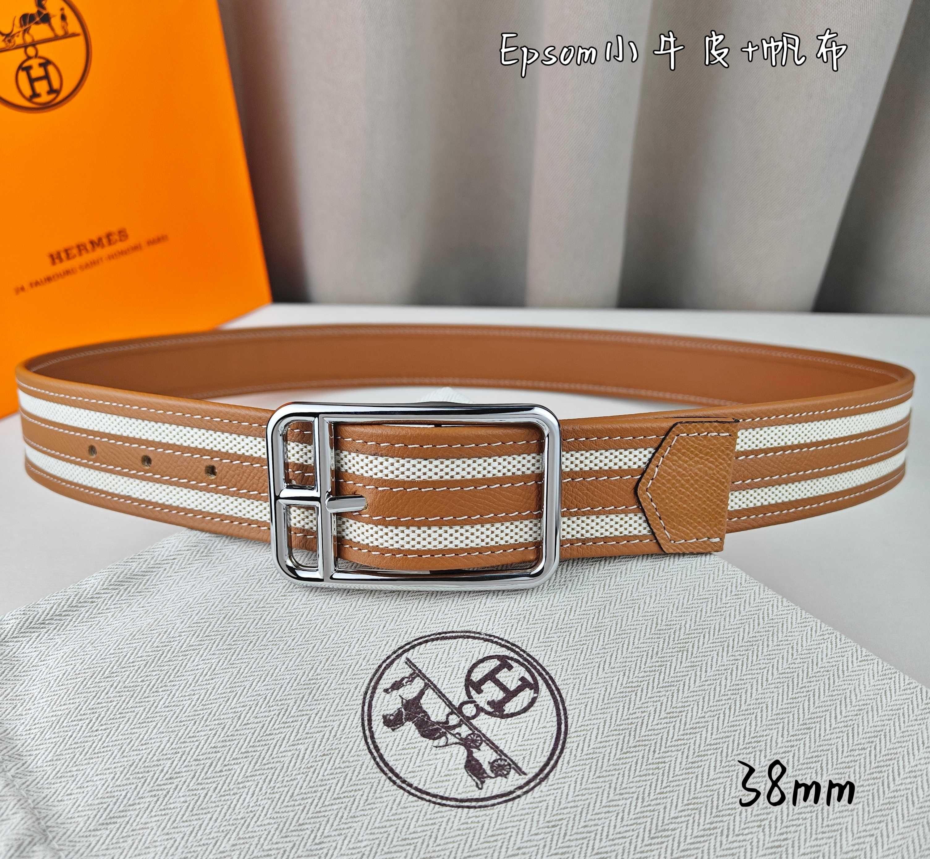   Hermès 爱马仕 新款针扣皮带  原单品质  原版EPsom小牛皮搭配帆布材质  土黄色  38