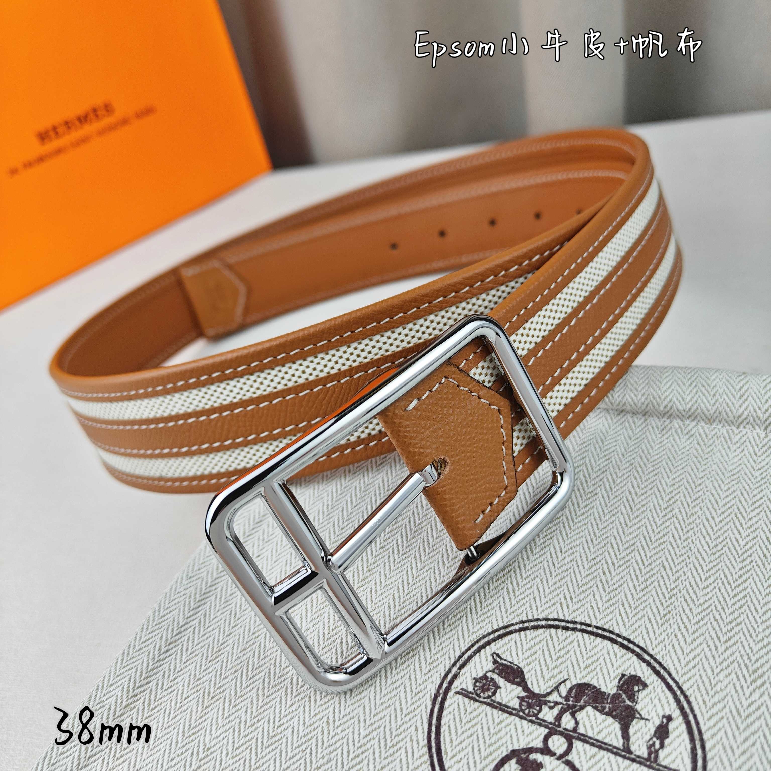   Hermès 爱马仕 新款针扣皮带  原单品质  原版EPsom小牛皮搭配帆布材质  土黄色  38