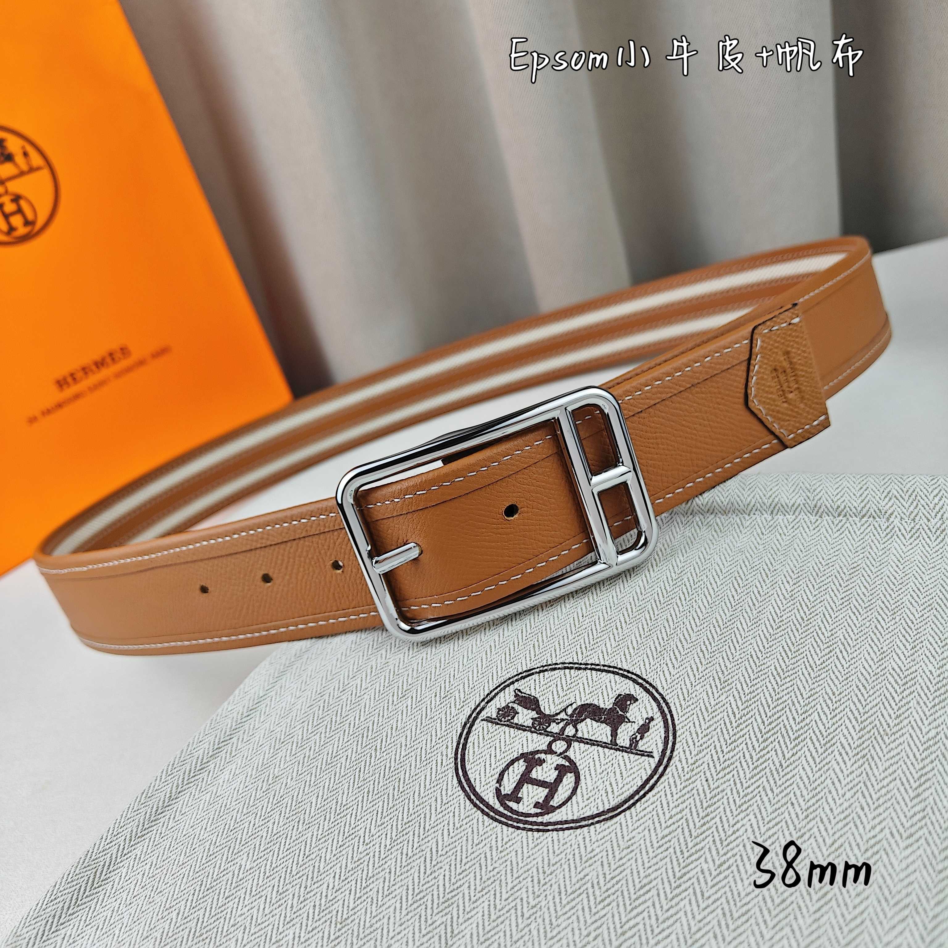   Hermès 爱马仕 新款针扣皮带  原单品质  原版EPsom小牛皮搭配帆布材质  土黄色  38