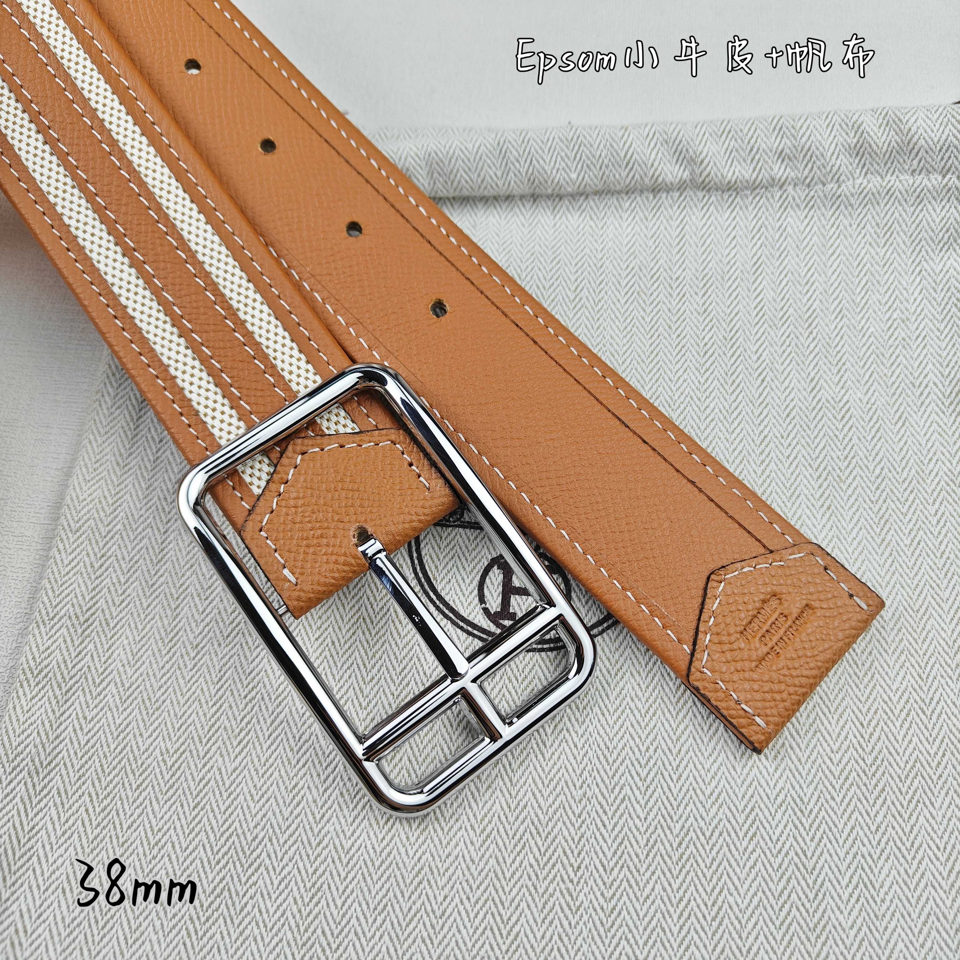   Hermès 爱马仕 新款针扣皮带  原单品质  原版EPsom小牛皮搭配帆布材质  土黄色  38