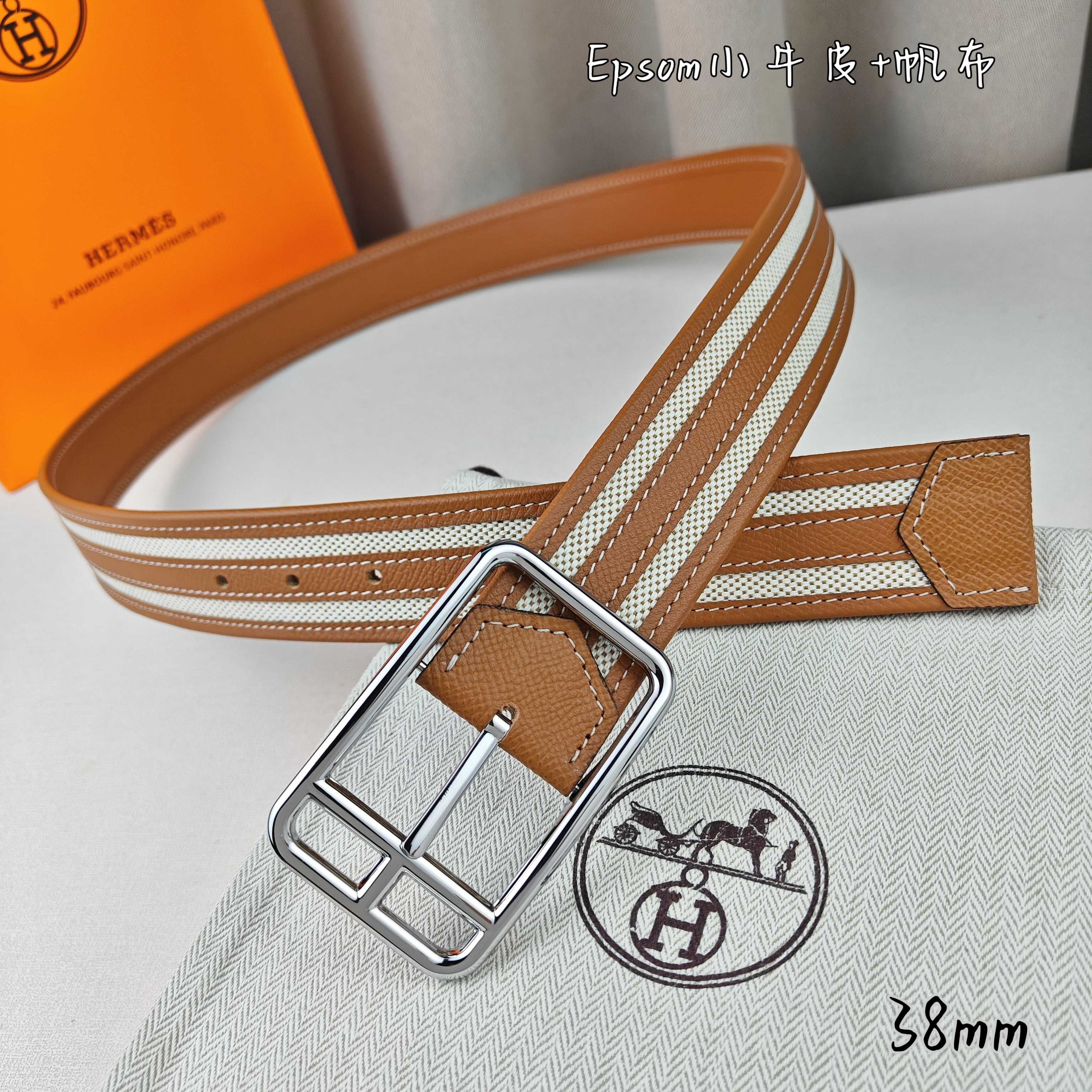   Hermès 爱马仕 新款针扣皮带  原单品质  原版EPsom小牛皮搭配帆布材质  土黄色  38