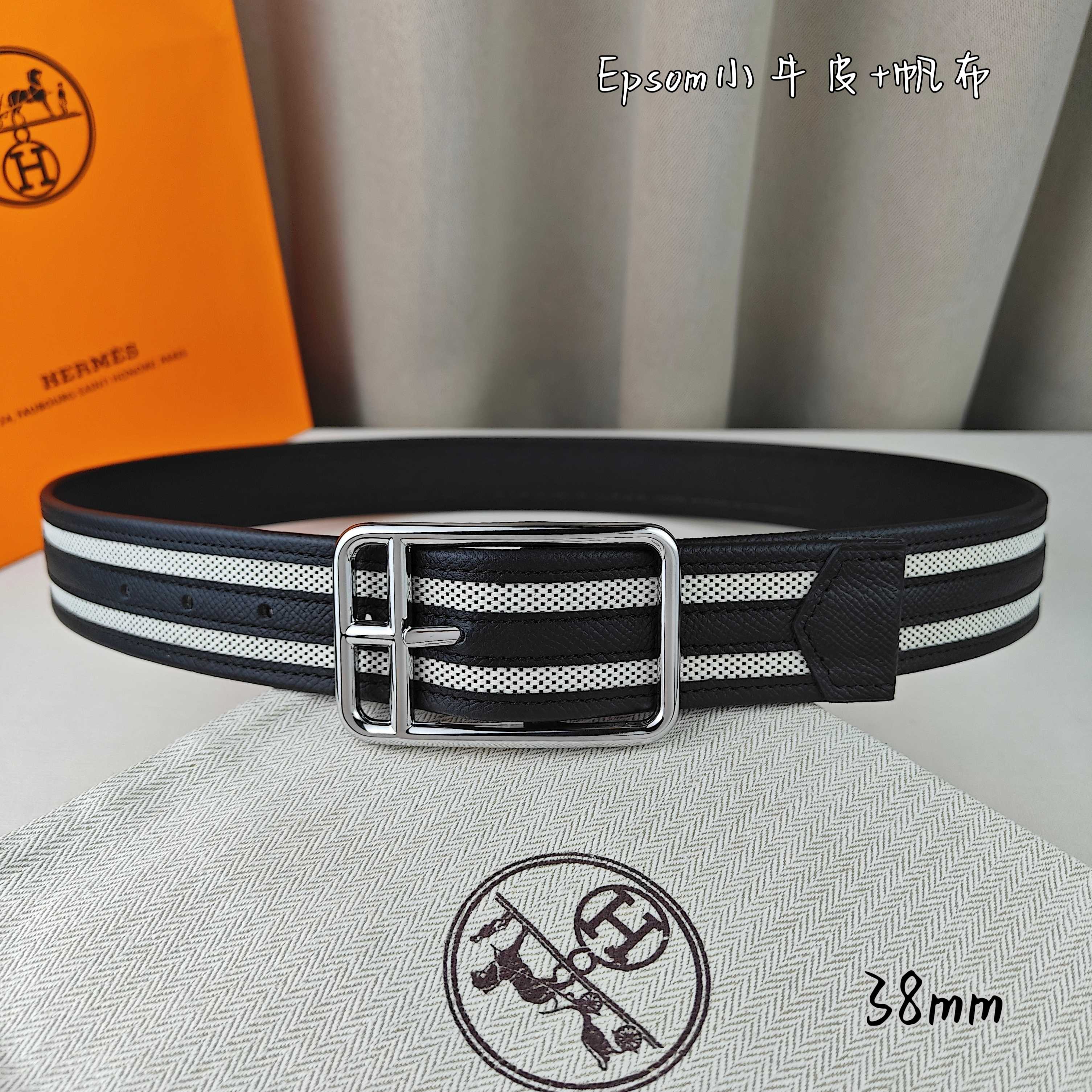   Hermès 爱马仕 新款针扣皮带  原单品质  原版EPsom小牛皮搭配帆布材质  黑色  38m