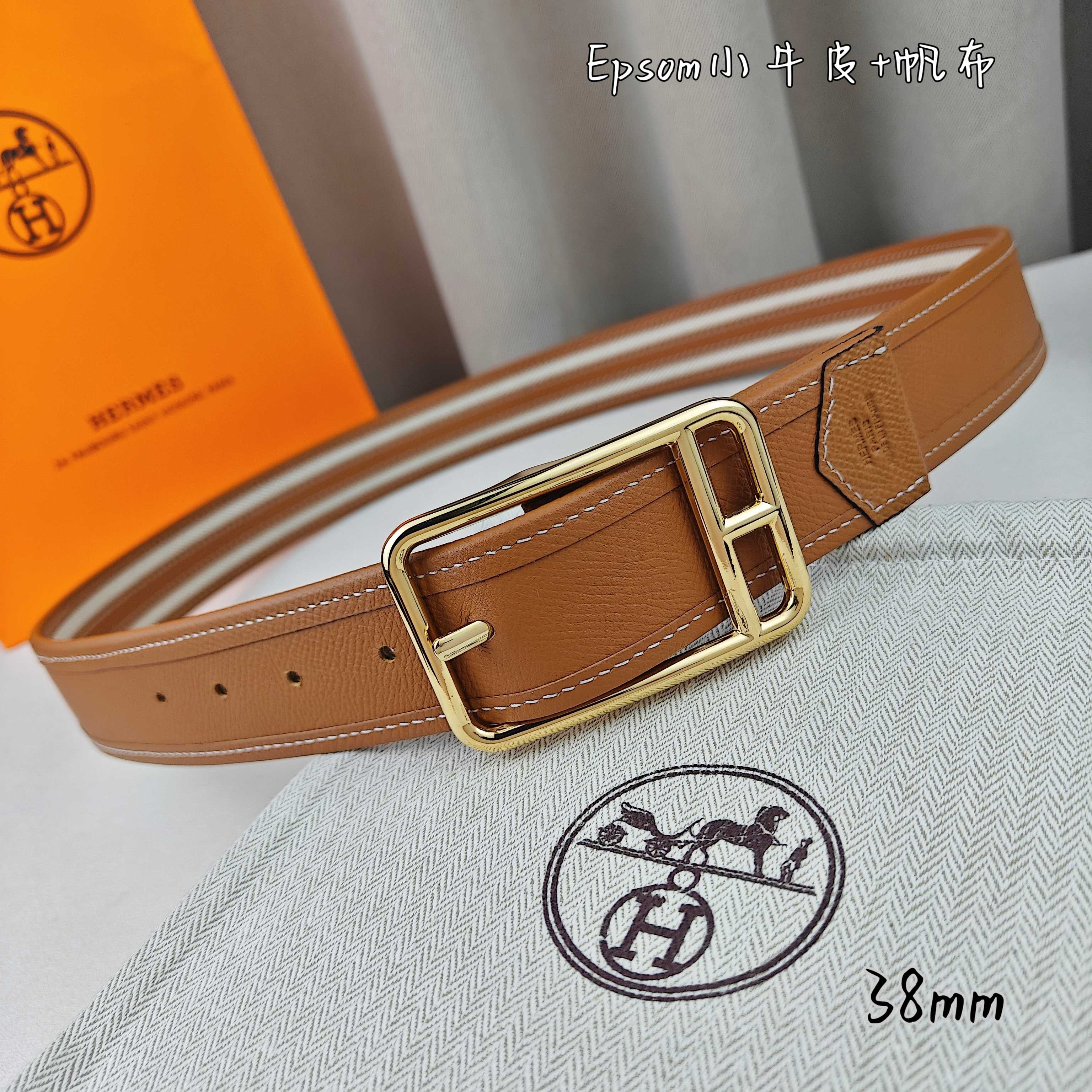   Hermès 爱马仕 新款针扣皮带  原单品质  原版EPsom小牛皮搭配帆布材质  土黄色  38