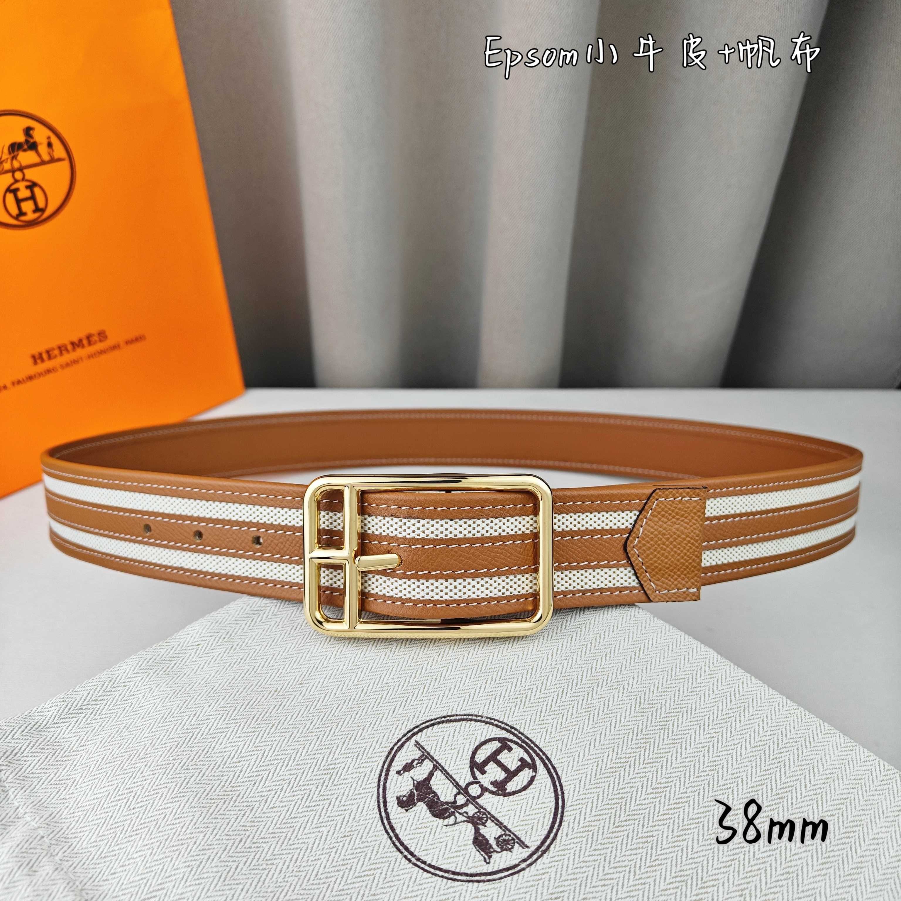   Hermès 爱马仕 新款针扣皮带  原单品质  原版EPsom小牛皮搭配帆布材质  土黄色  38