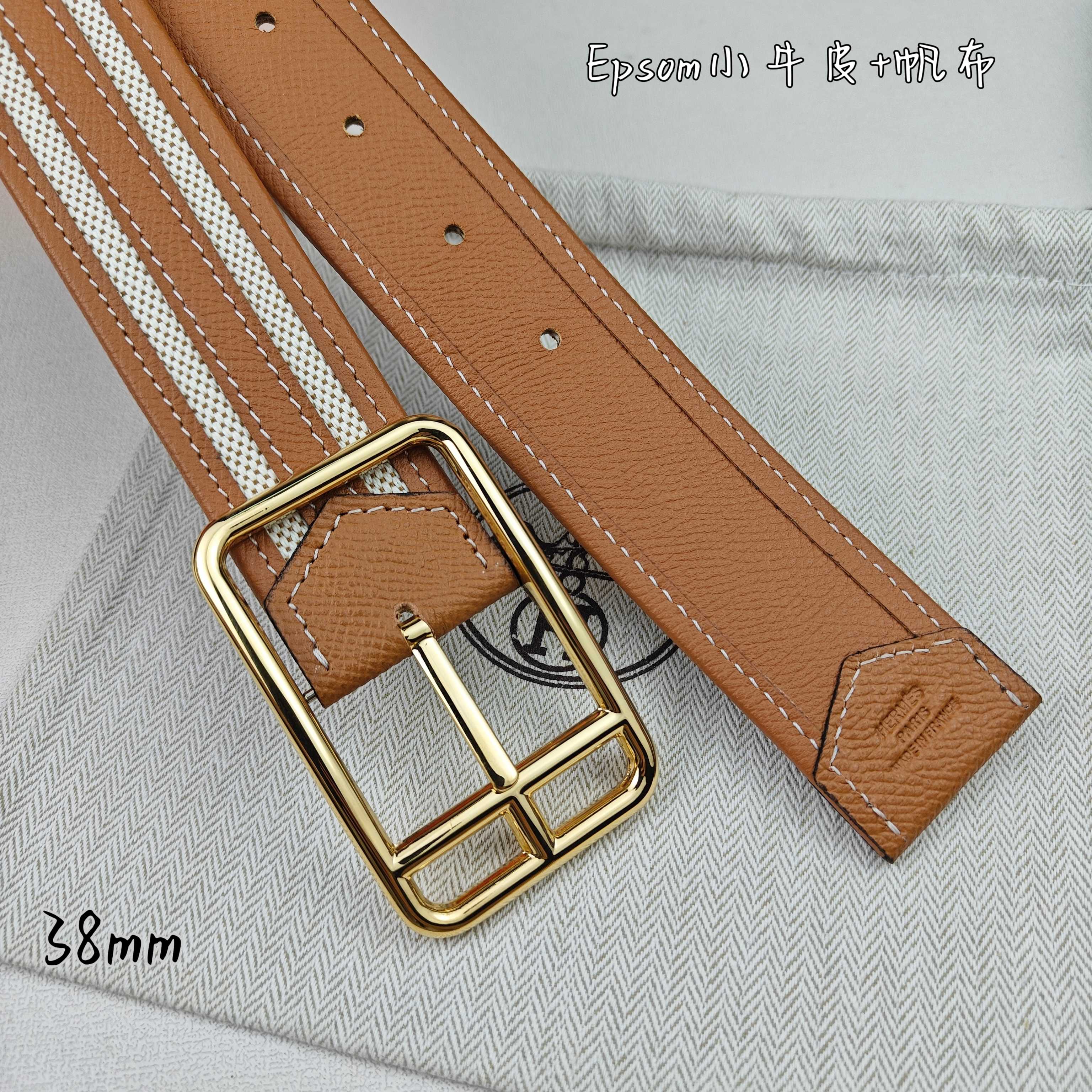  Hermès 爱马仕 新款针扣皮带  原单品质  原版EPsom小牛皮搭配帆布材质  土黄色  38