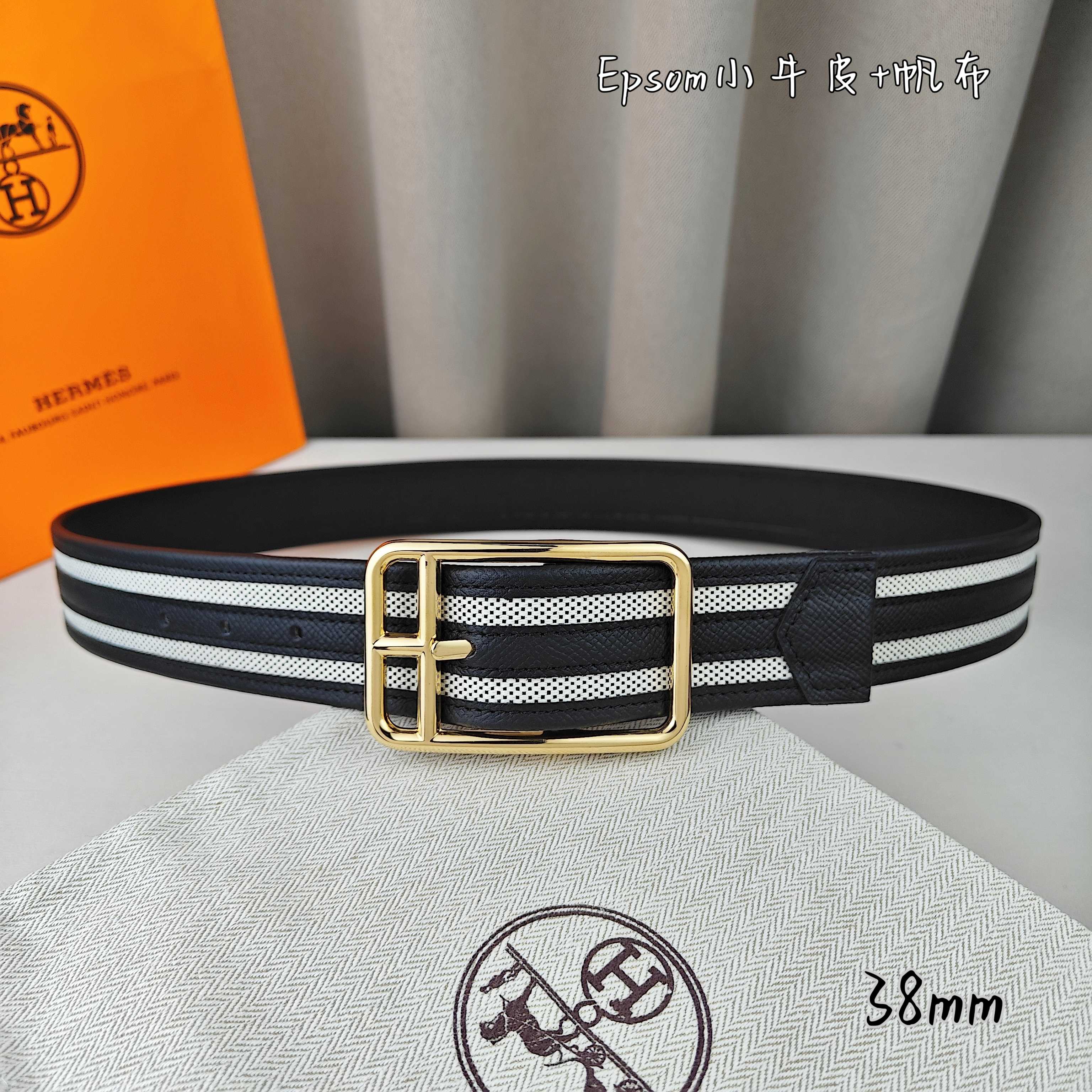   Hermès 爱马仕 新款针扣皮带  原单品质  原版EPsom小牛皮搭配帆布材质  黑色  38m