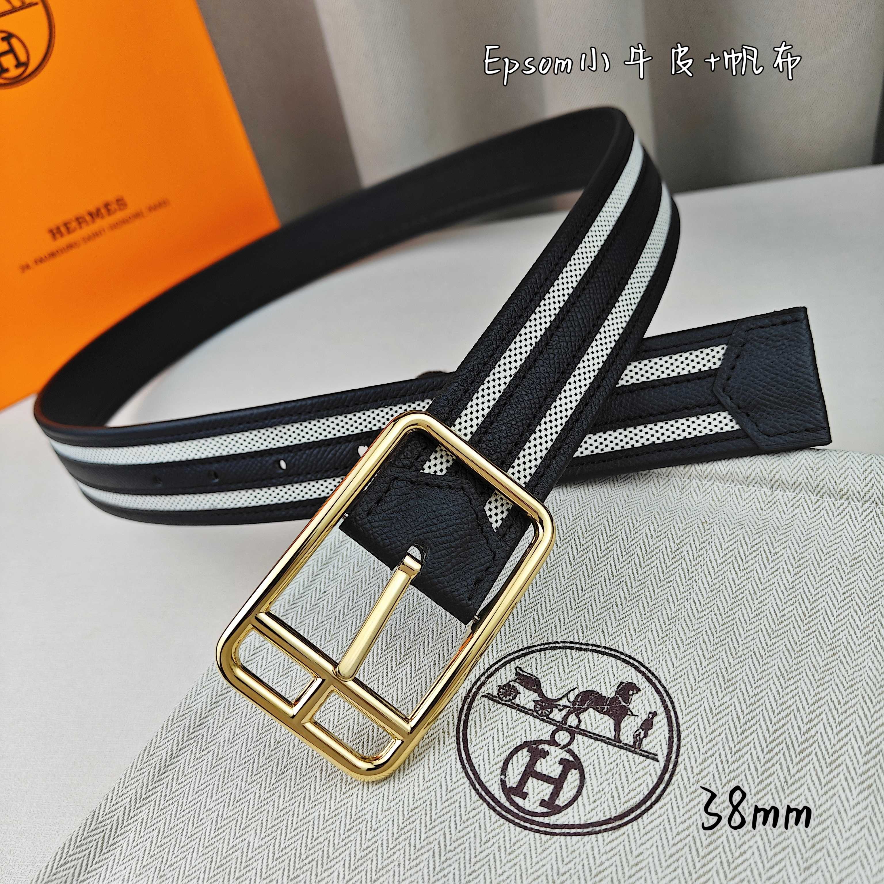   Hermès 爱马仕 新款针扣皮带  原单品质  原版EPsom小牛皮搭配帆布材质  黑色  38m