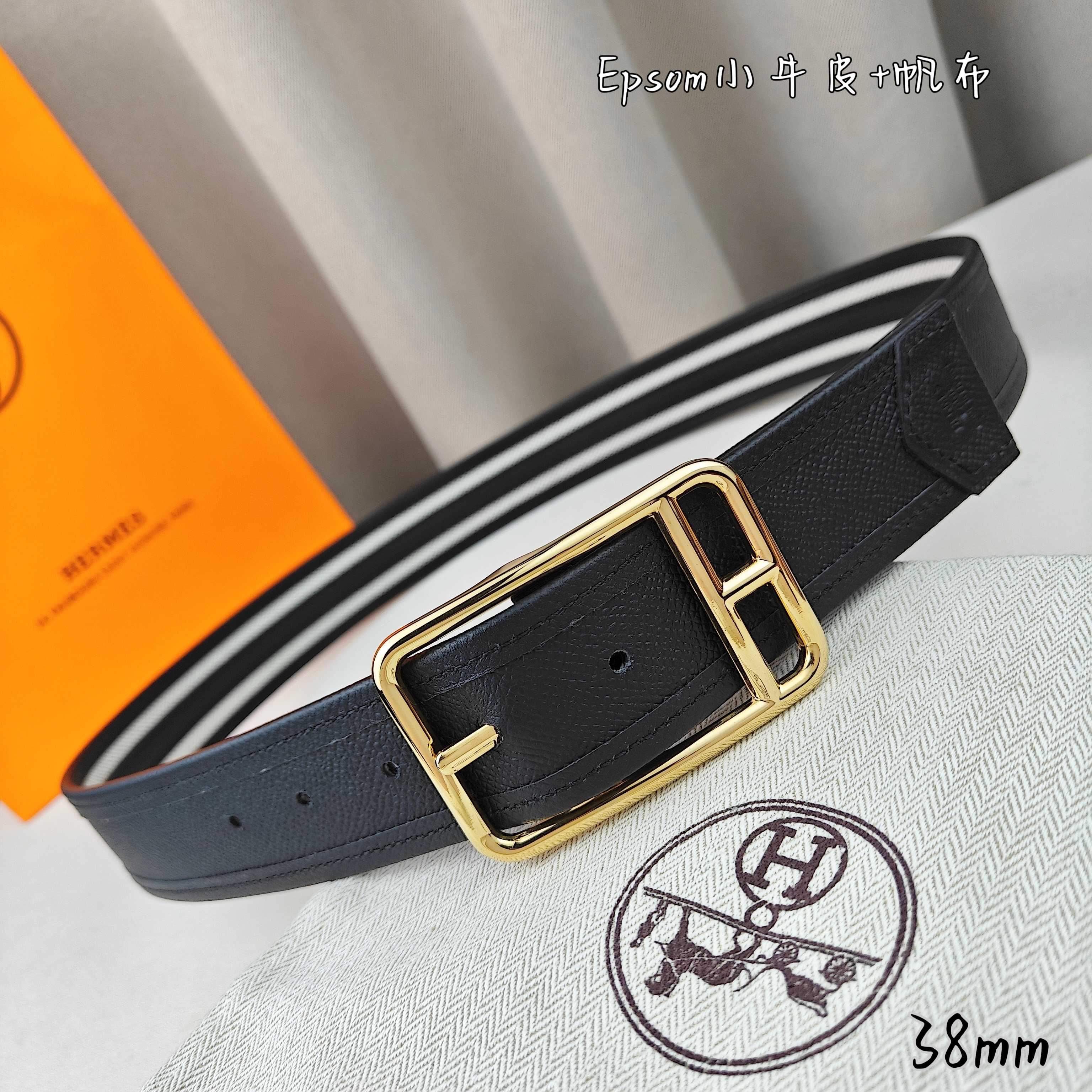   Hermès 爱马仕 新款针扣皮带  原单品质  原版EPsom小牛皮搭配帆布材质  黑色  38m