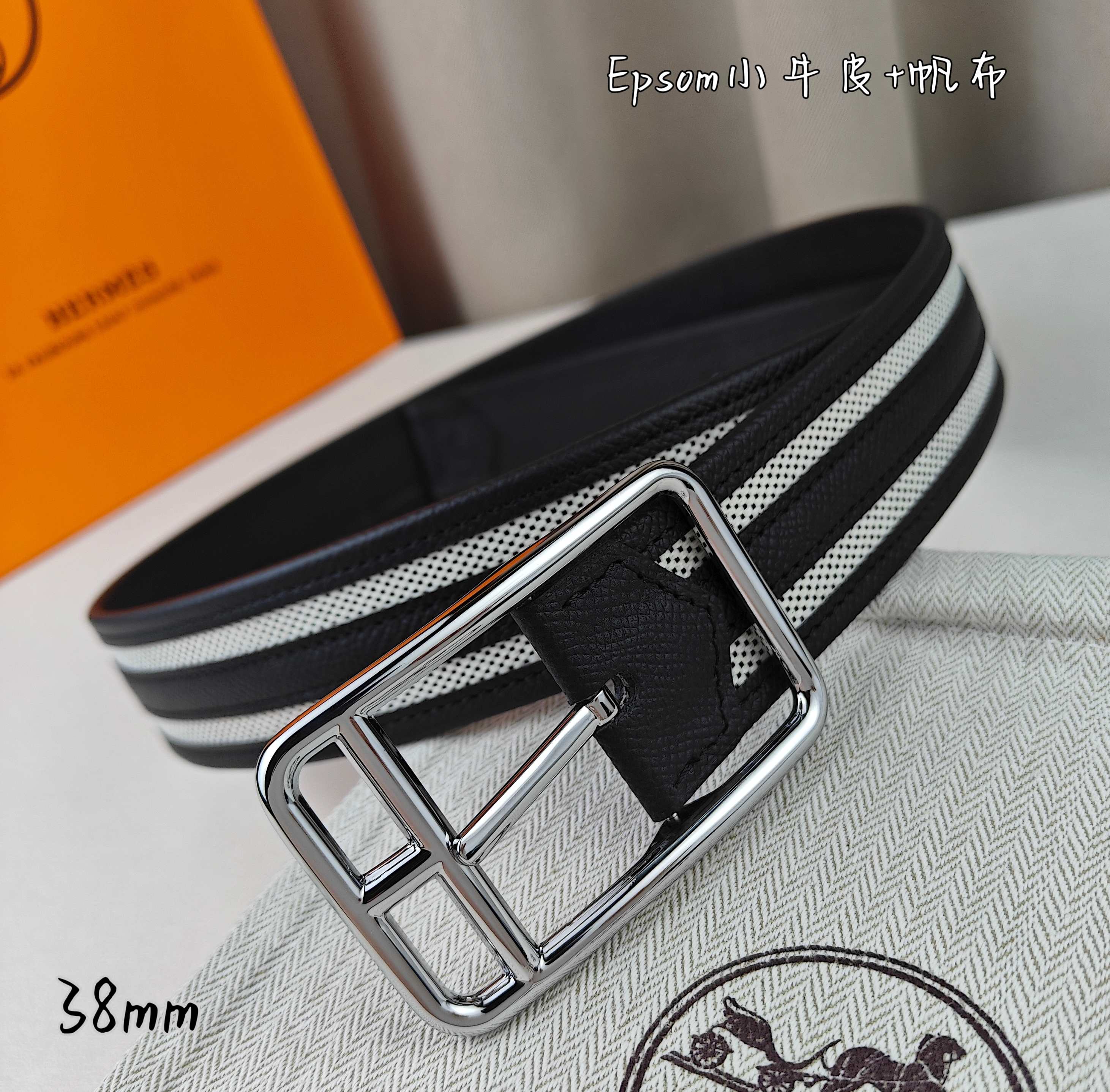   Hermès 爱马仕 新款针扣皮带  原单品质  原版EPsom小牛皮搭配帆布材质  黑色  38m