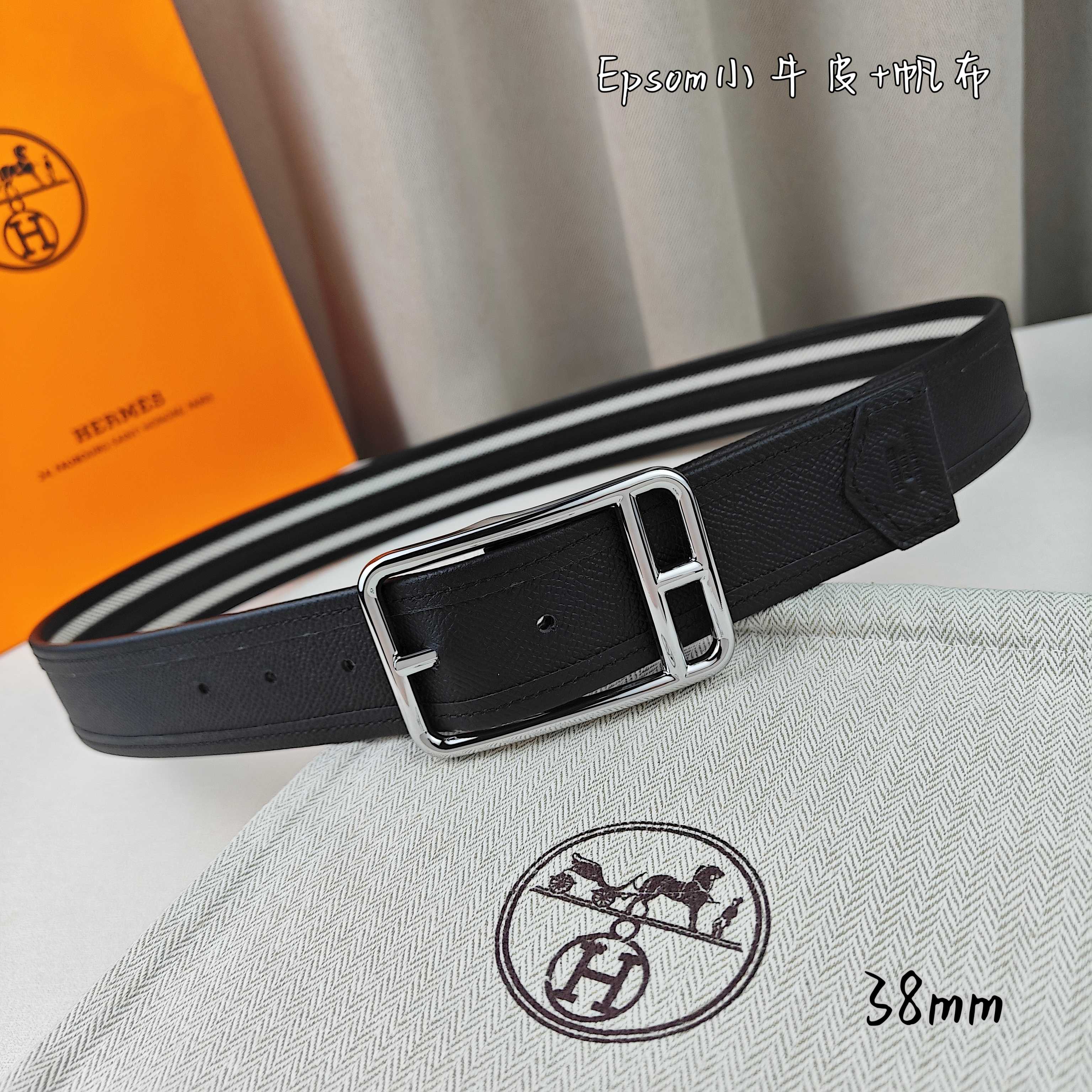   Hermès 爱马仕 新款针扣皮带  原单品质  原版EPsom小牛皮搭配帆布材质  黑色  38m