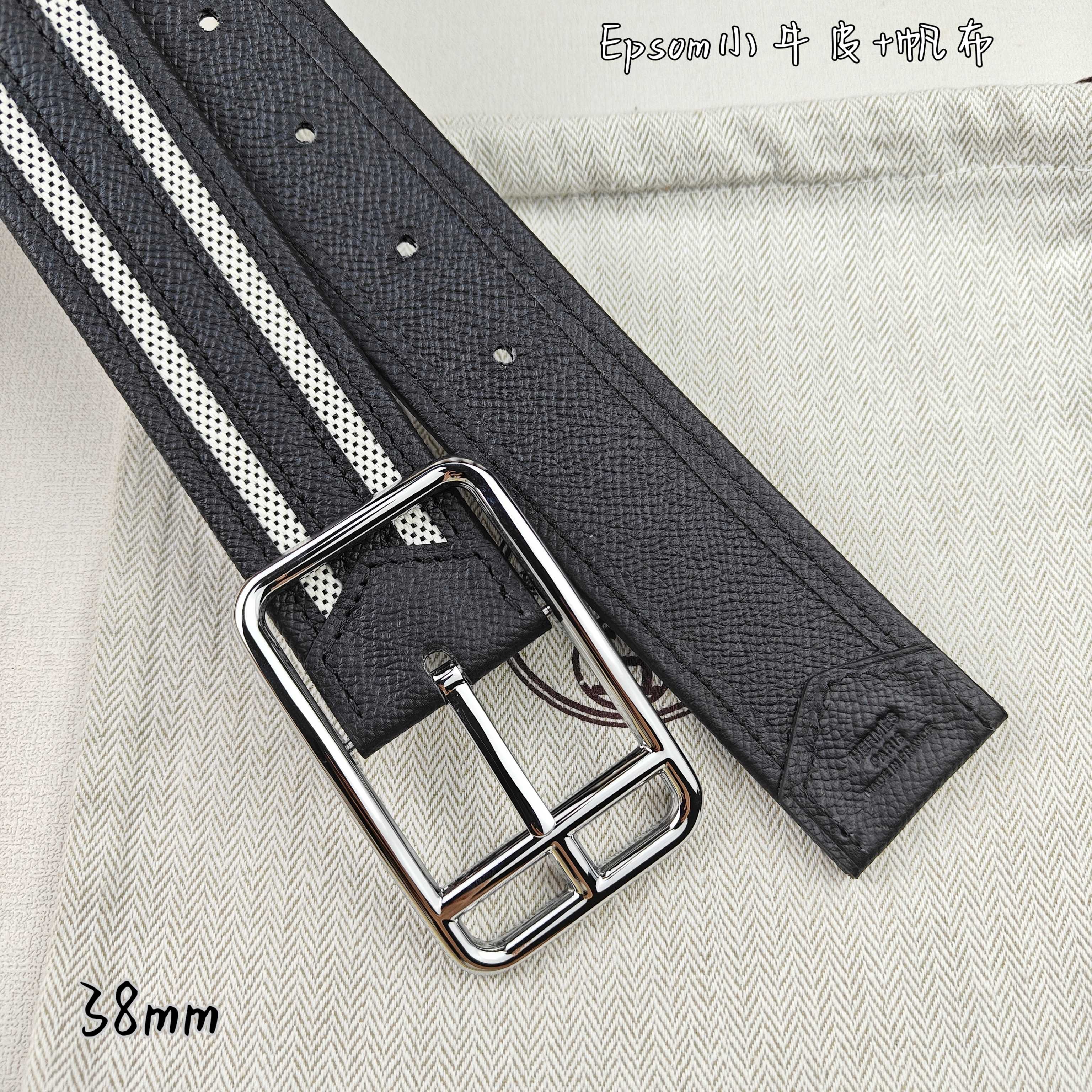   Hermès 爱马仕 新款针扣皮带  原单品质  原版EPsom小牛皮搭配帆布材质  黑色  38m