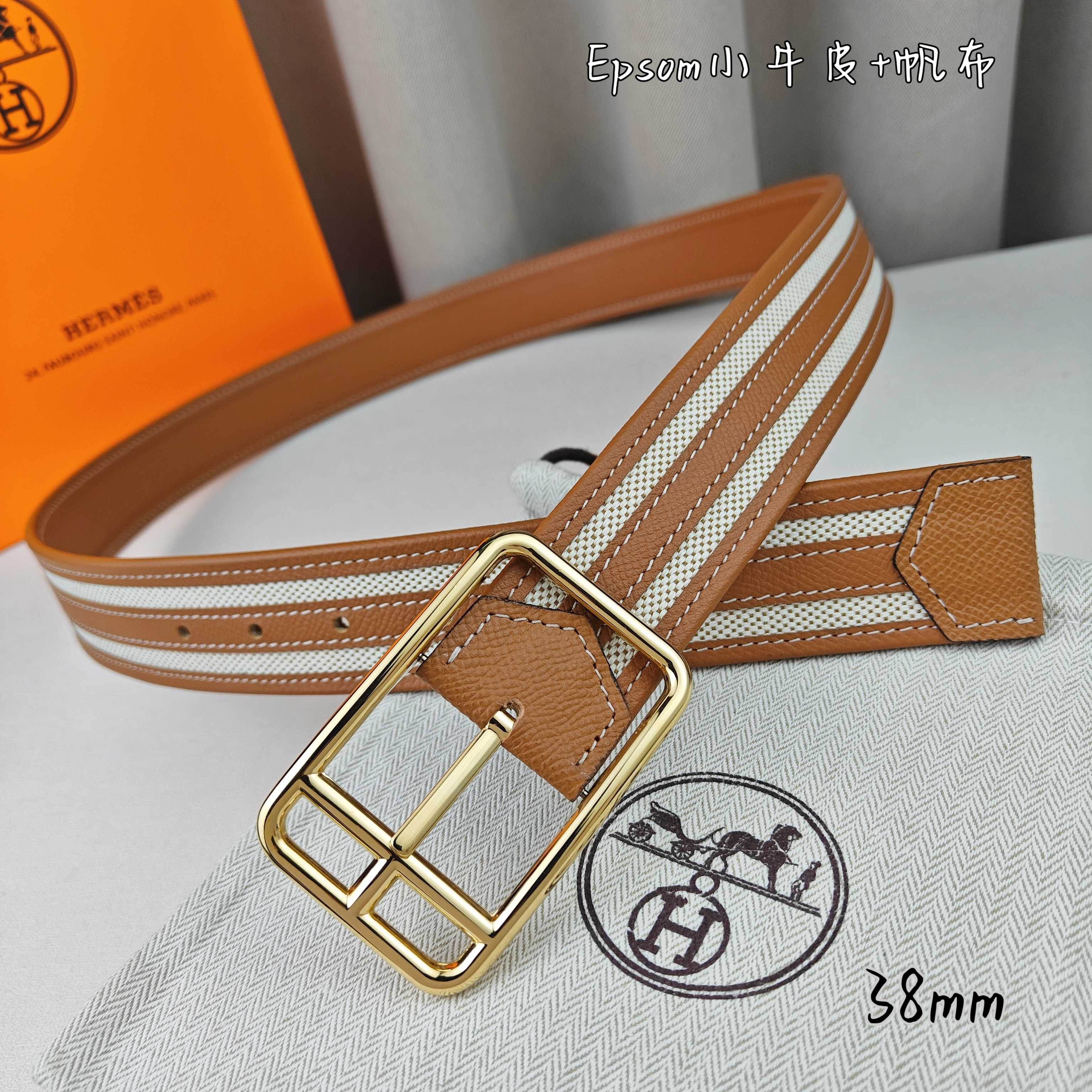   Hermès 爱马仕 新款针扣皮带  原单品质  原版EPsom小牛皮搭配帆布材质  土黄色  38