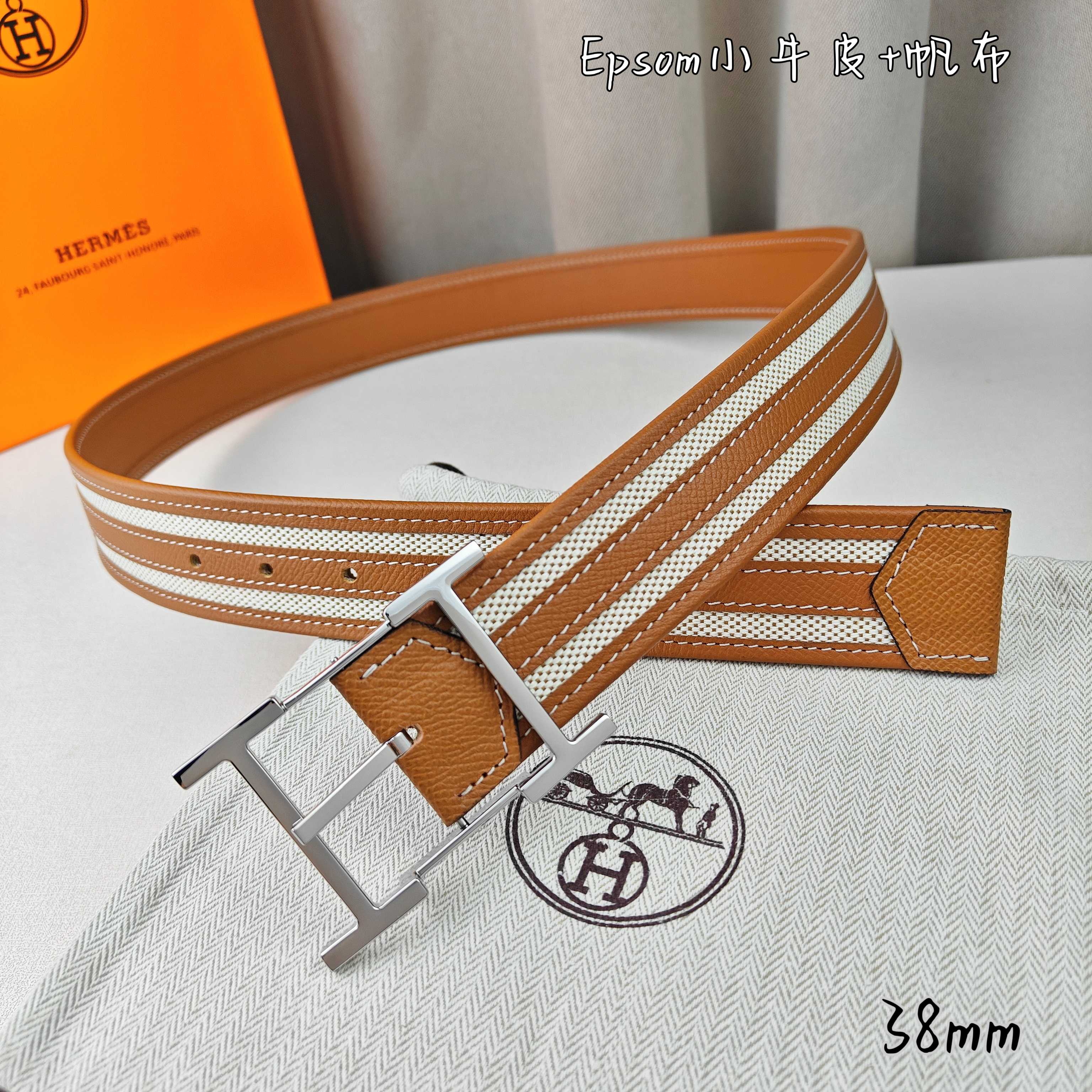   Hermès 爱马仕 新款针扣皮带  原单品质  原版EPsom小牛皮搭配帆布材质  土黄色  38