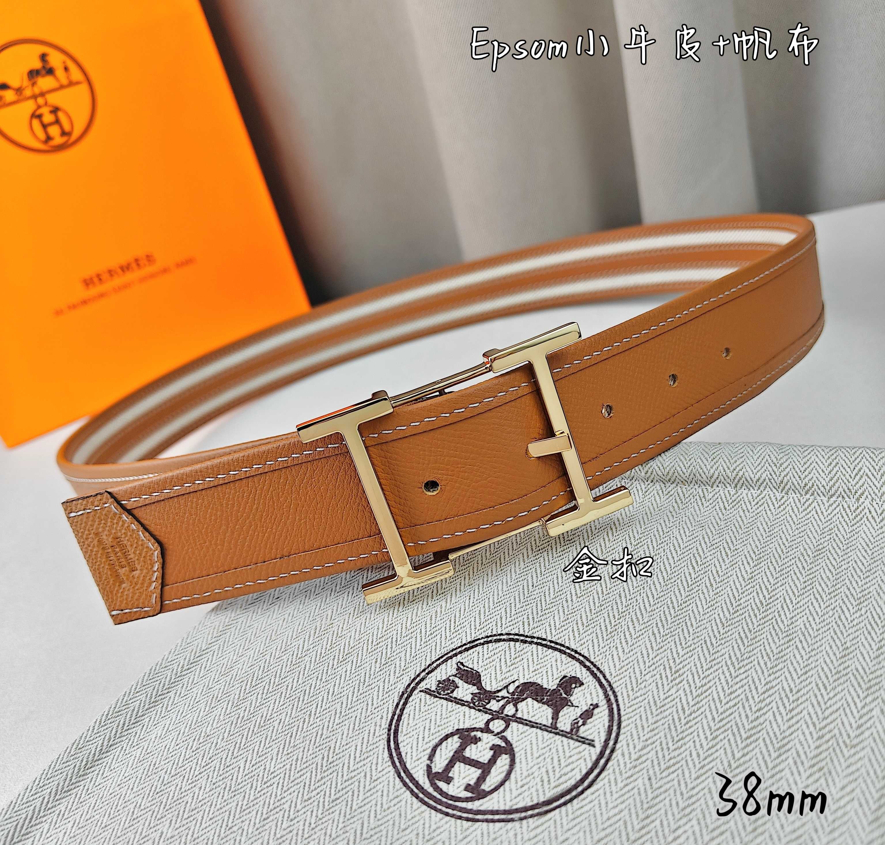   Hermès 爱马仕 新款针扣皮带  原单品质  原版EPsom小牛皮搭配帆布材质  土黄色  38