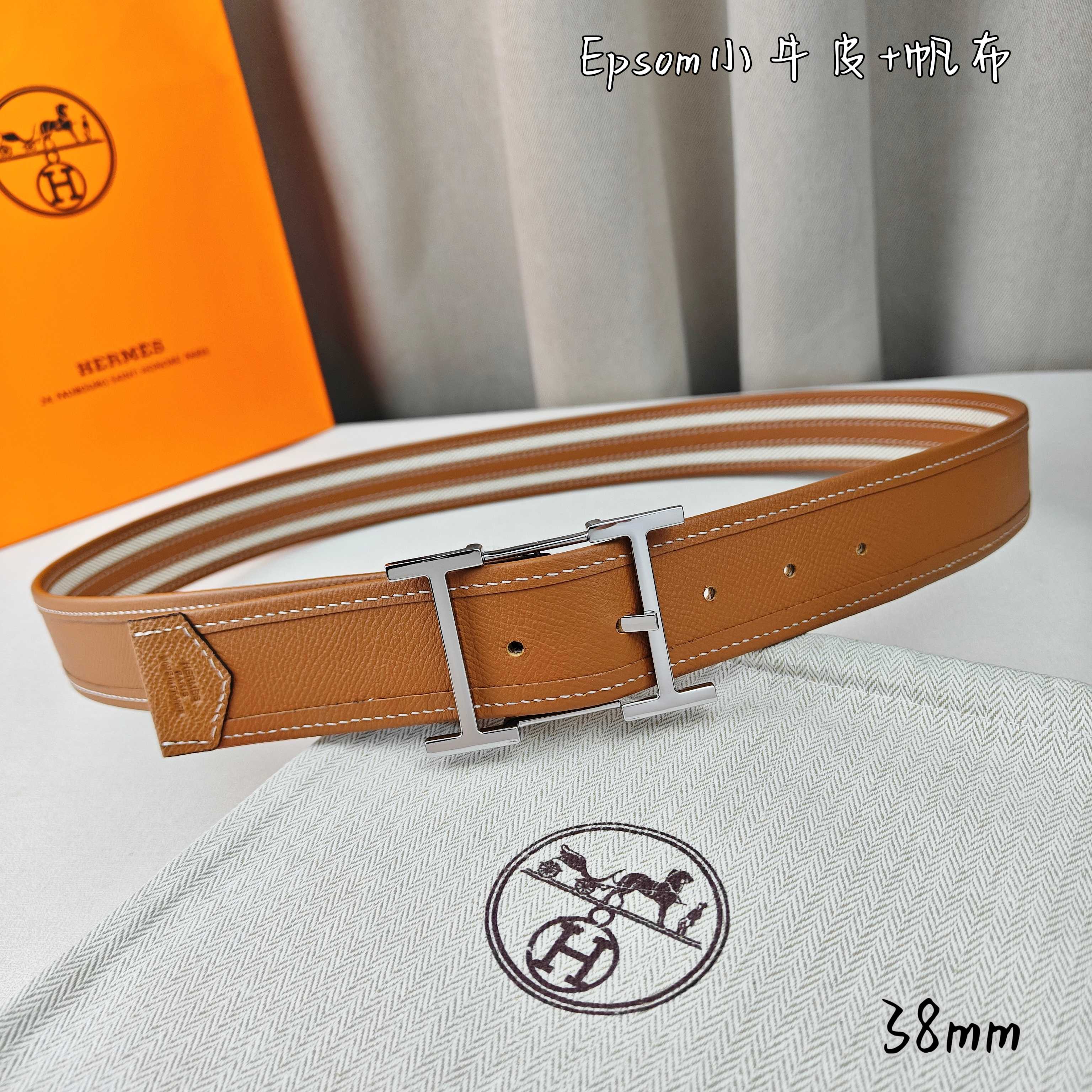   Hermès 爱马仕 新款针扣皮带  原单品质  原版EPsom小牛皮搭配帆布材质  土黄色  38