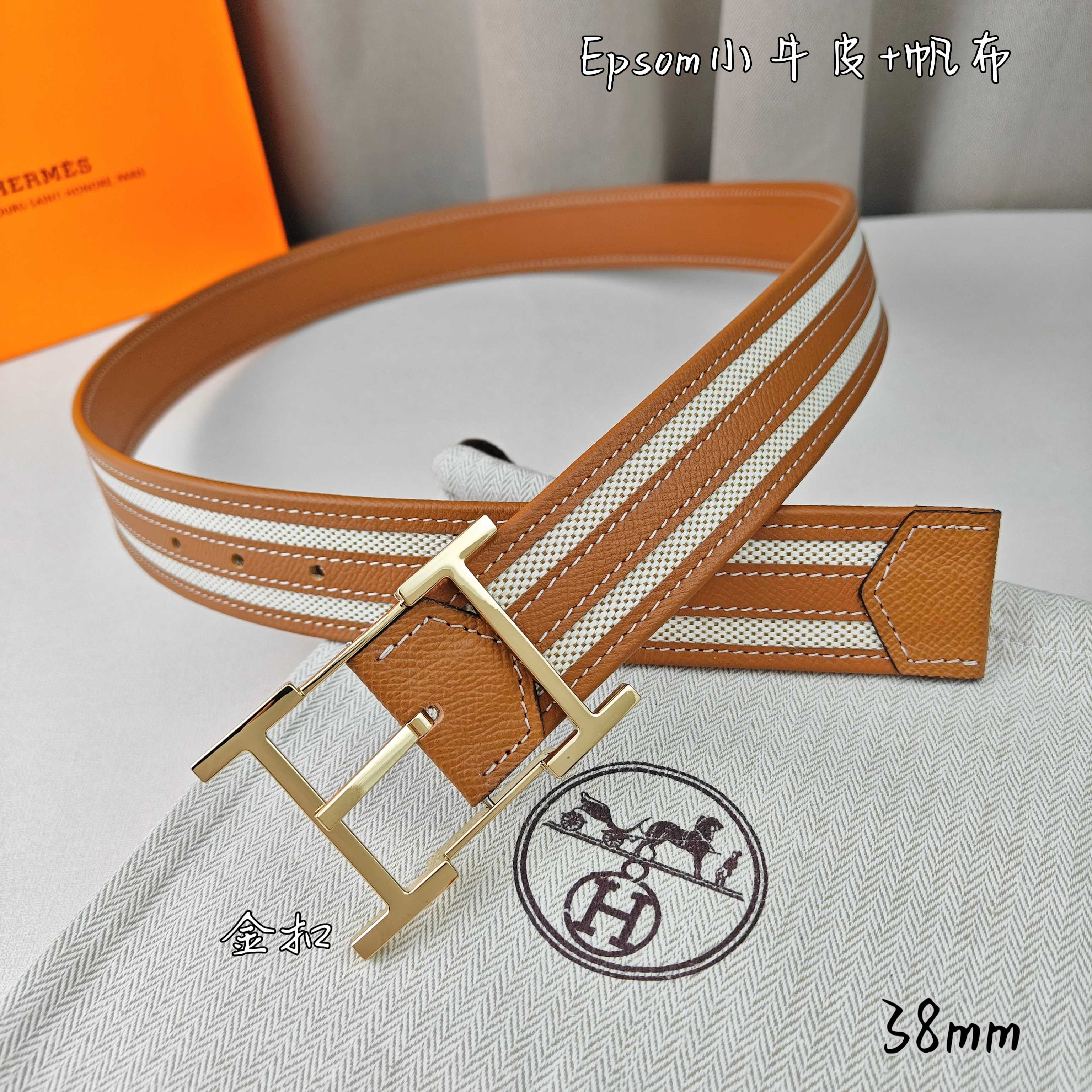   Hermès 爱马仕 新款针扣皮带  原单品质  原版EPsom小牛皮搭配帆布材质  土黄色  38