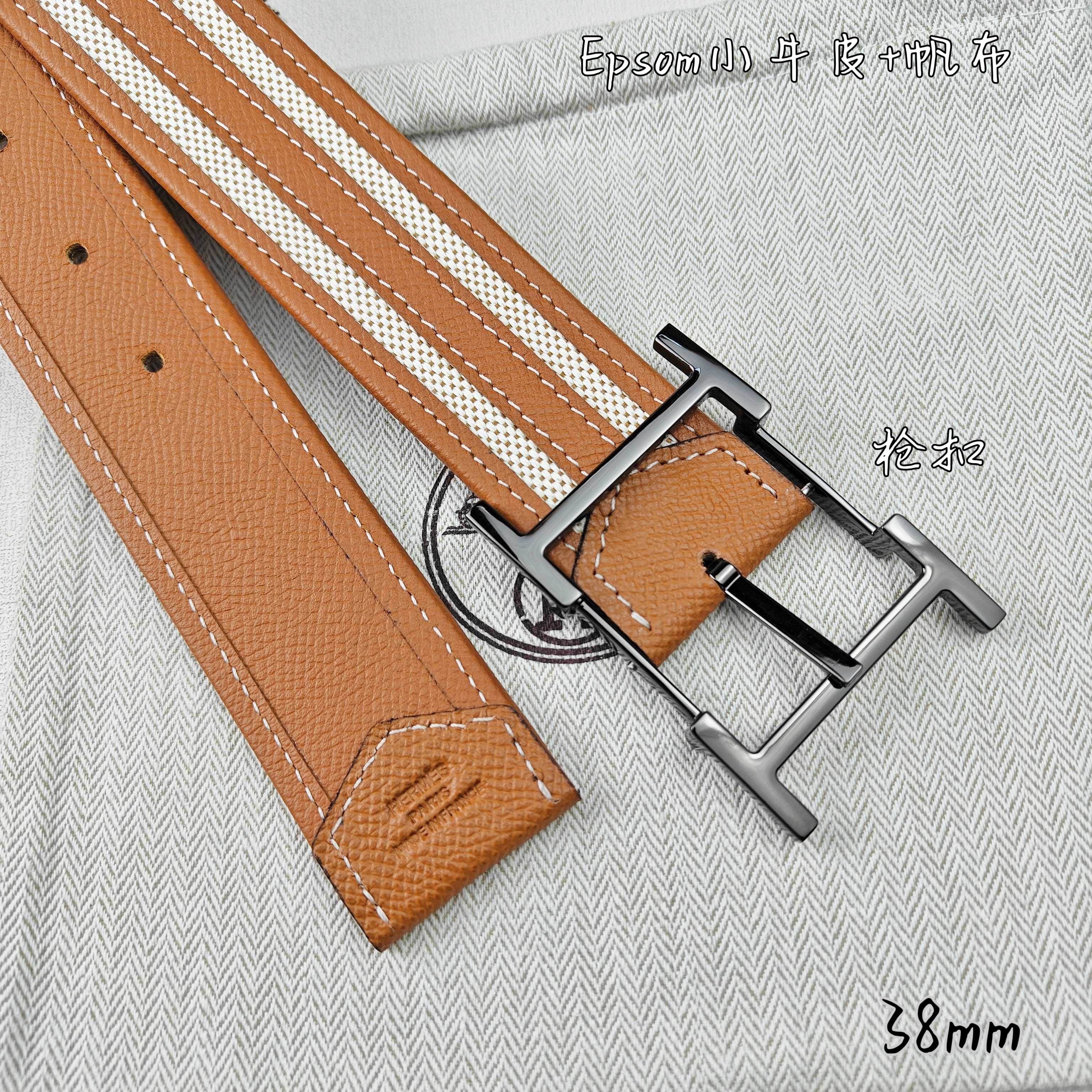   Hermès 爱马仕 新款针扣皮带  原单品质  原版EPsom小牛皮搭配帆布材质  土黄色  38