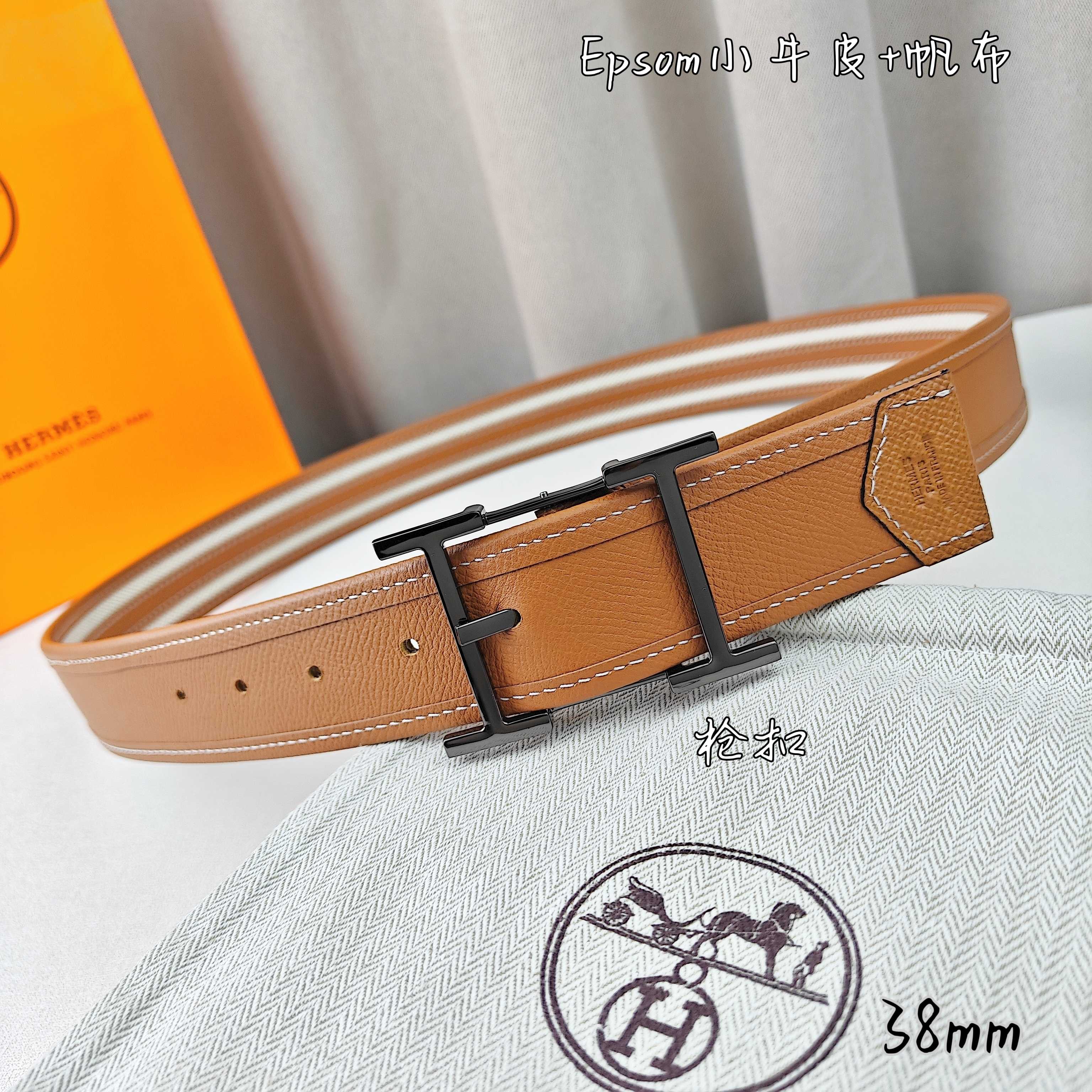   Hermès 爱马仕 新款针扣皮带  原单品质  原版EPsom小牛皮搭配帆布材质  土黄色  38