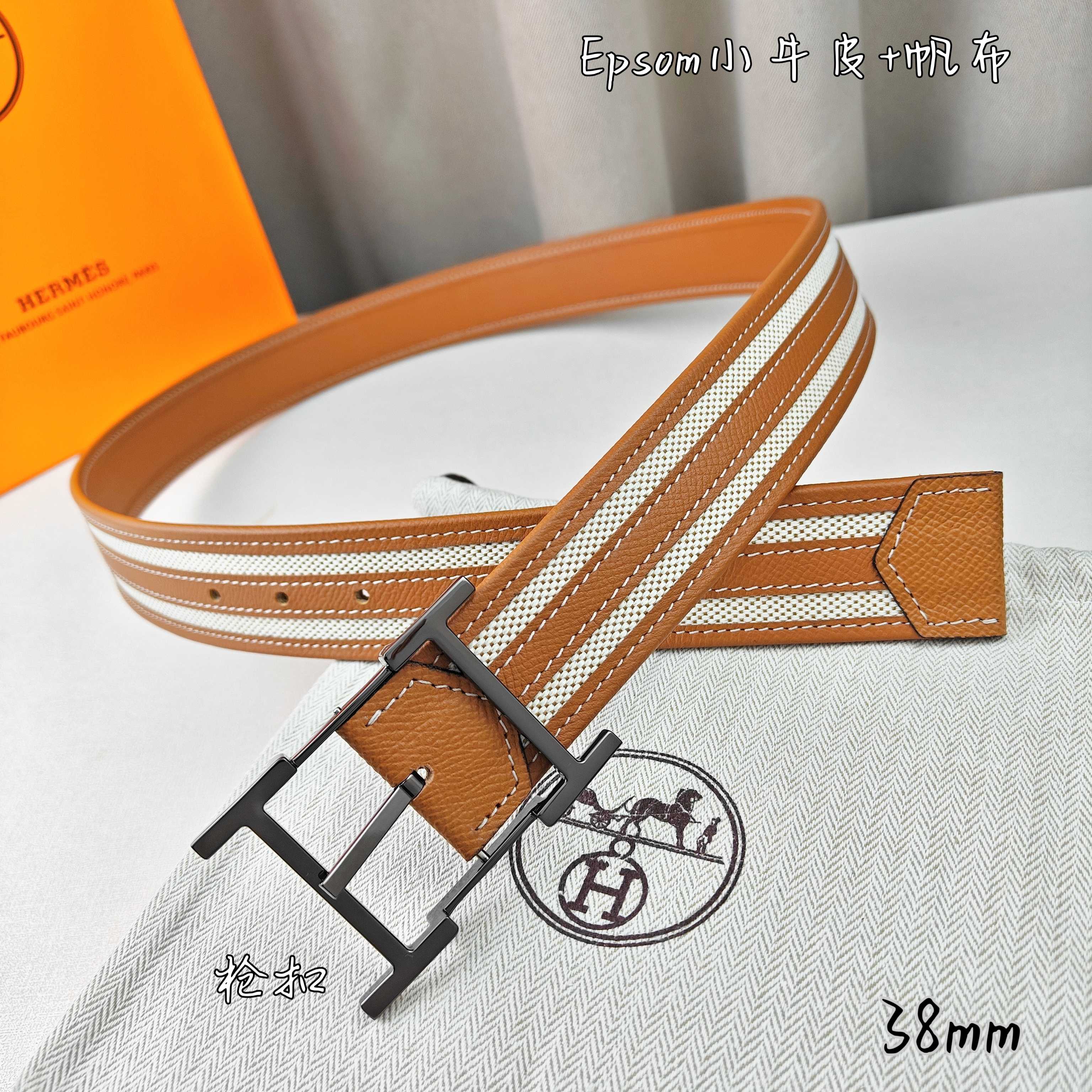   Hermès 爱马仕 新款针扣皮带  原单品质  原版EPsom小牛皮搭配帆布材质  土黄色  38