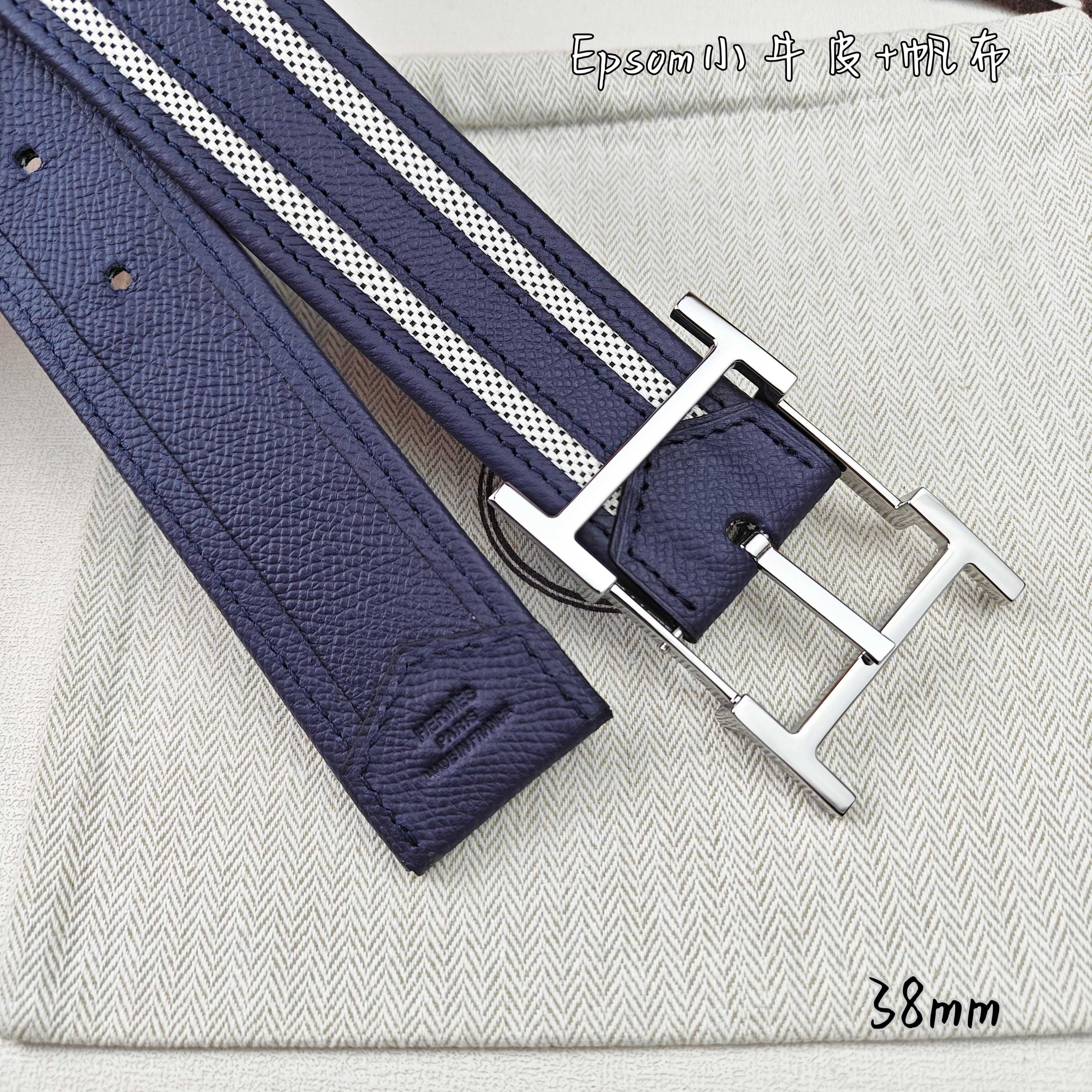   Hermès 爱马仕 新款针扣皮带  原单品质  原版EPsom小牛皮搭配帆布材质  深蓝色  38
