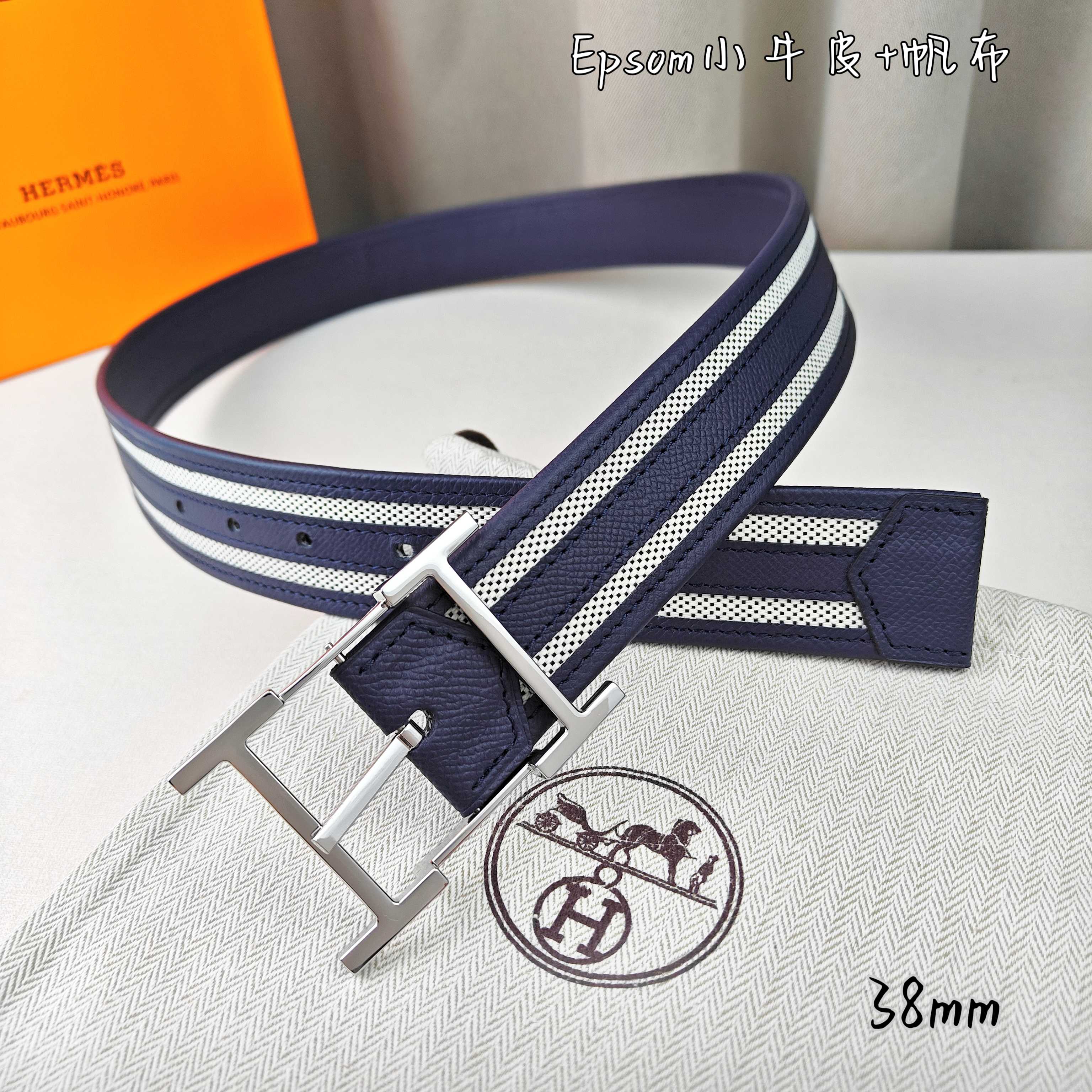   Hermès 爱马仕 新款针扣皮带  原单品质  原版EPsom小牛皮搭配帆布材质  深蓝色  38