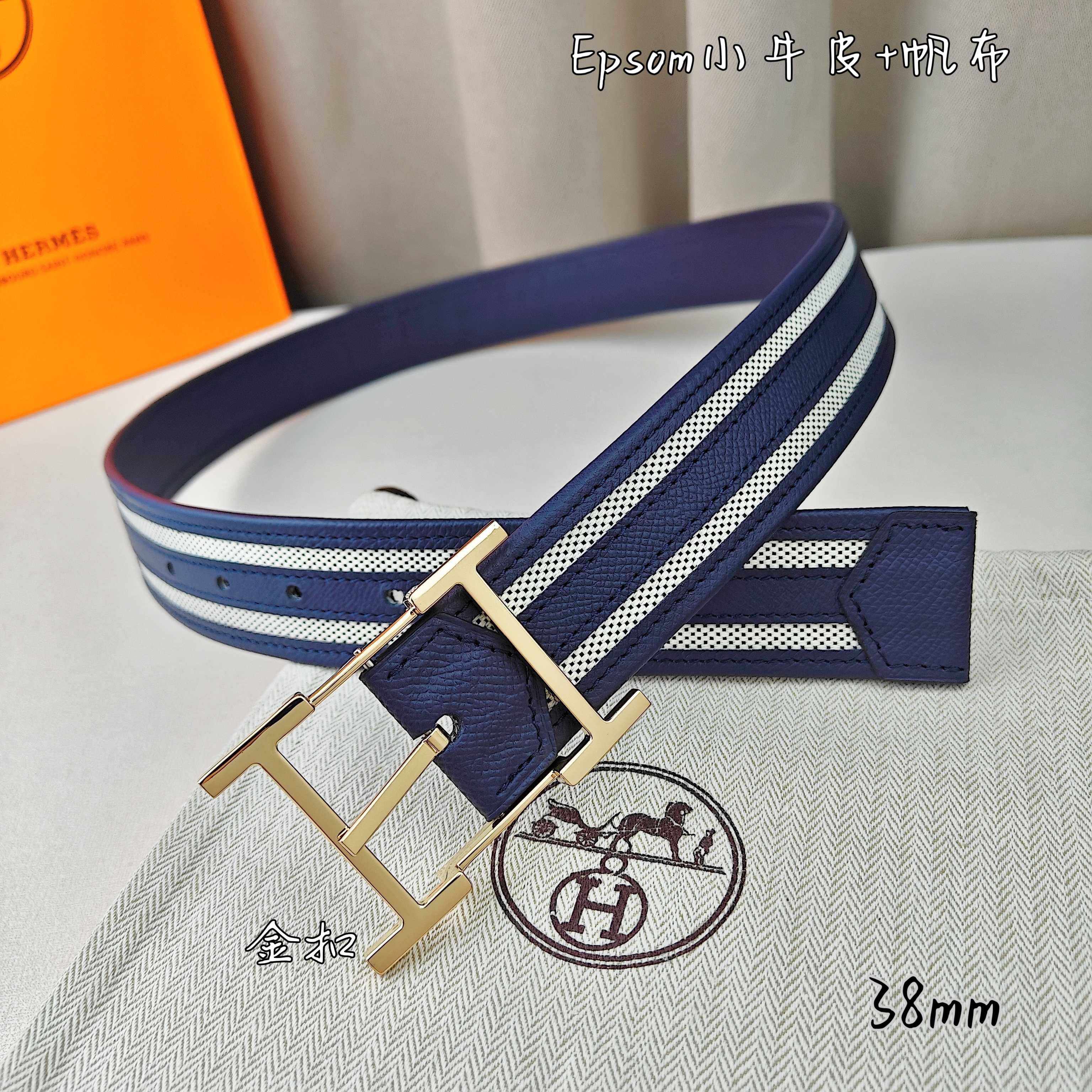  Hermès 爱马仕 新款针扣皮带  原单品质  原版EPsom小牛皮搭配帆布材质  深蓝色  38
