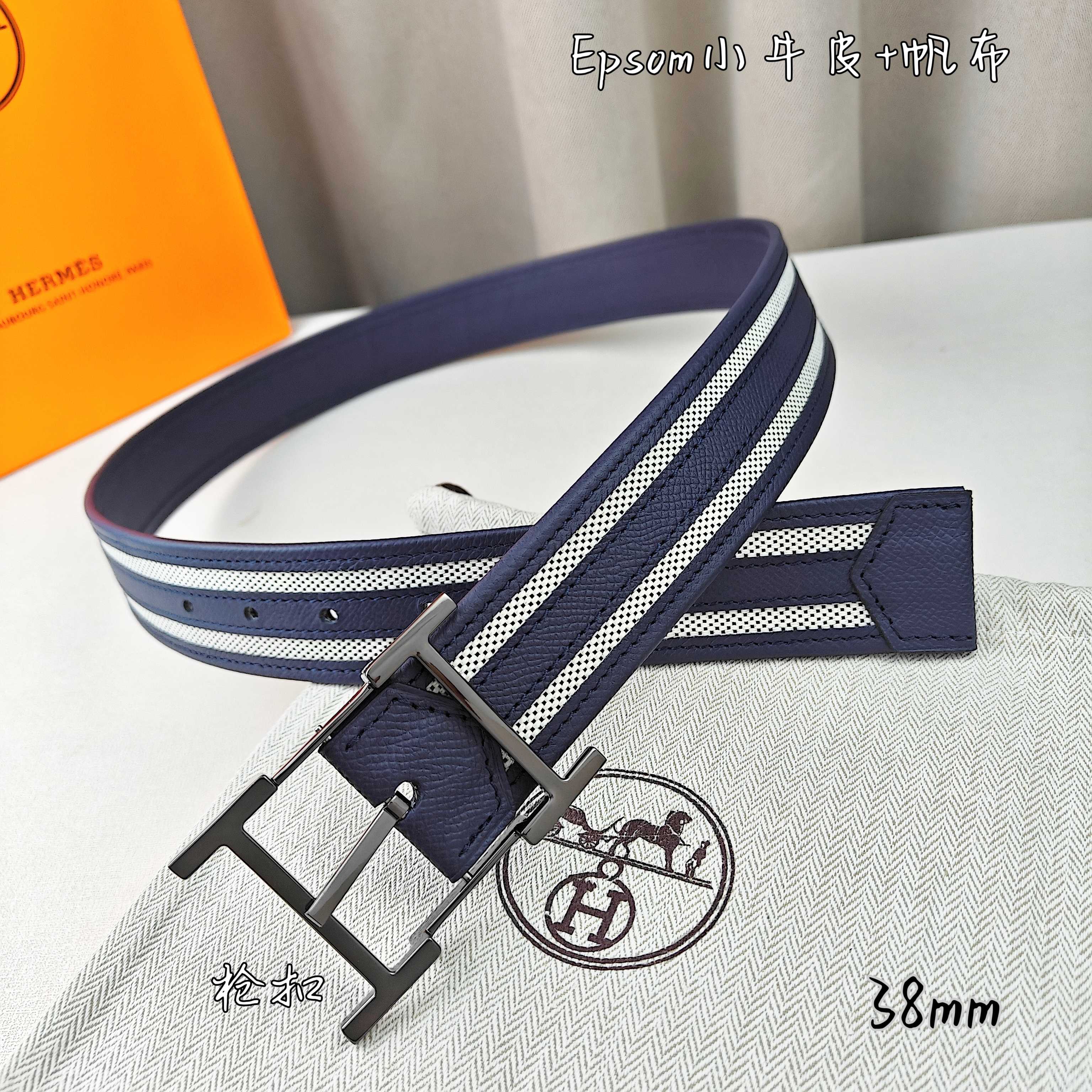   Hermès 爱马仕 新款针扣皮带  原单品质  原版EPsom小牛皮搭配帆布材质  深蓝色  38