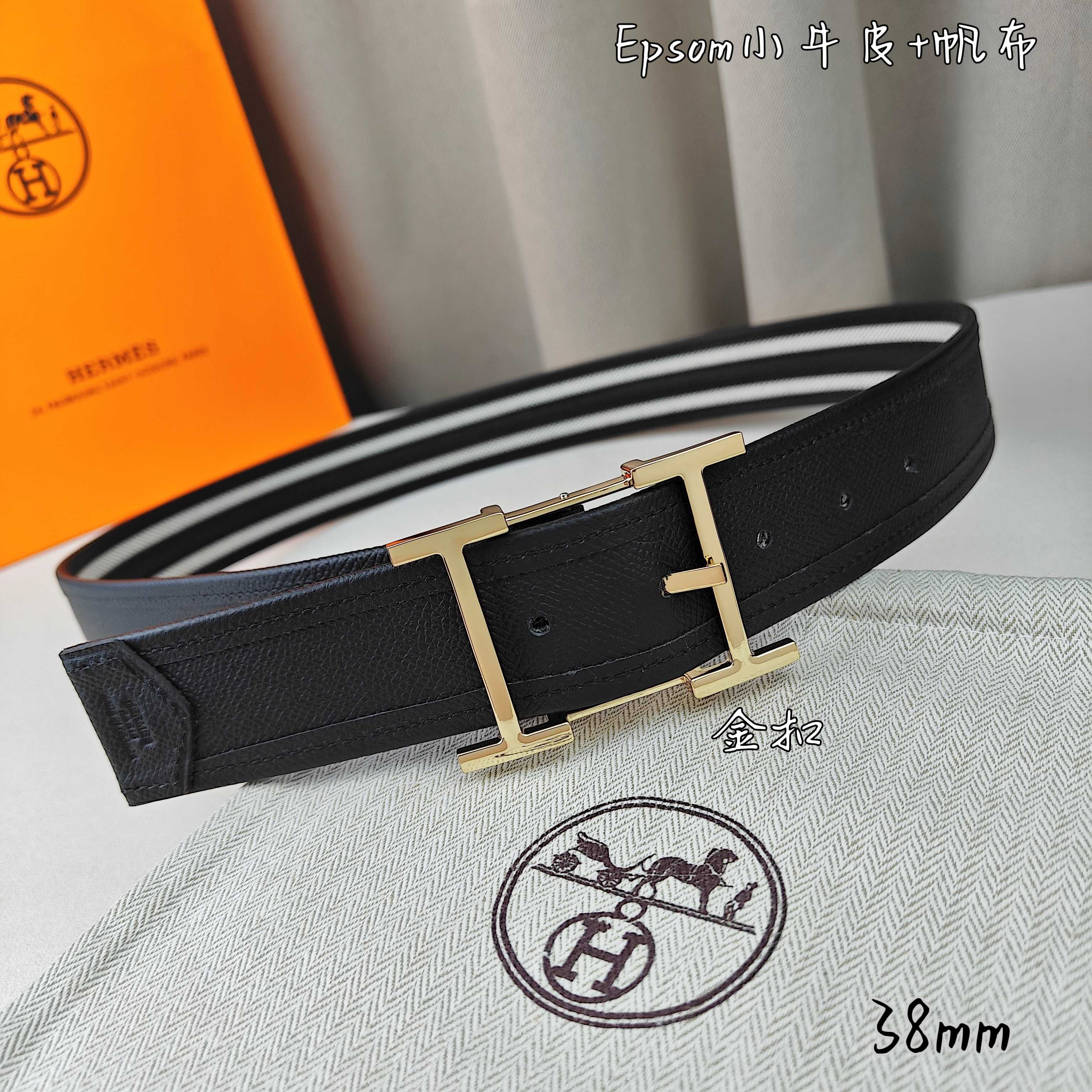   Hermès 爱马仕 新款针扣皮带  原单品质  原版EPsom小牛皮搭配帆布材质  黑色  38m