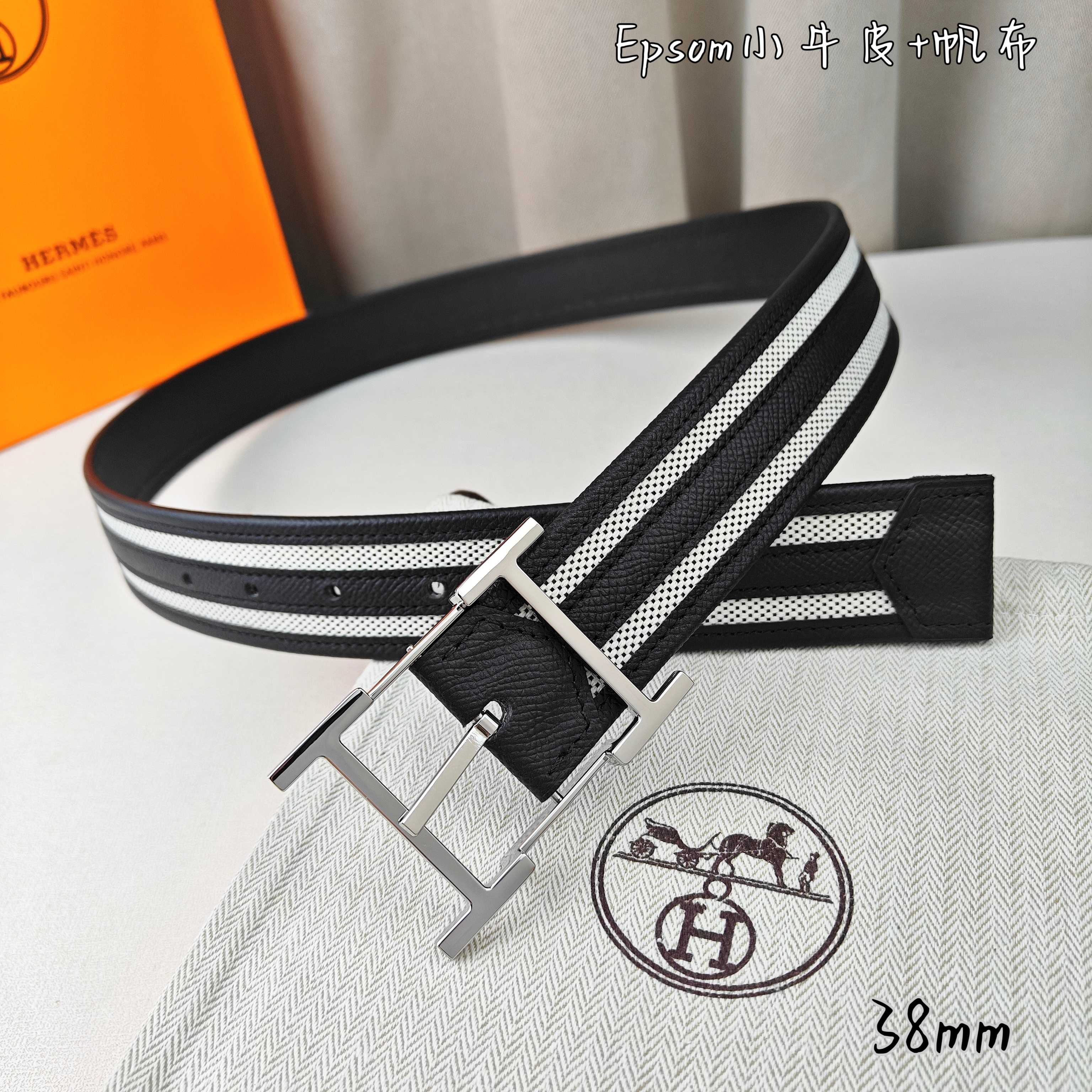   Hermès 爱马仕 新款针扣皮带  原单品质  原版EPsom小牛皮搭配帆布材质  黑色  38m