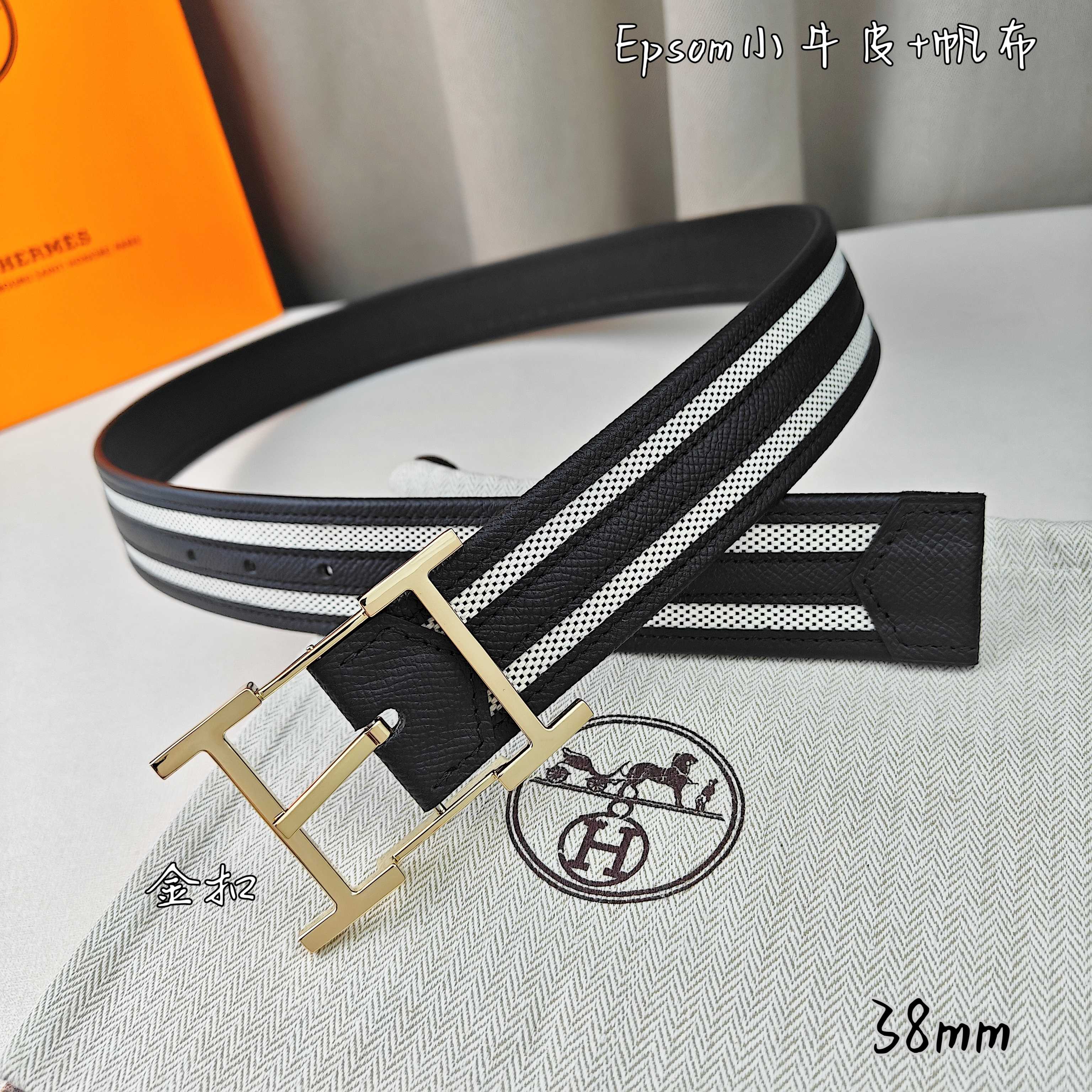   Hermès 爱马仕 新款针扣皮带  原单品质  原版EPsom小牛皮搭配帆布材质  黑色  38m