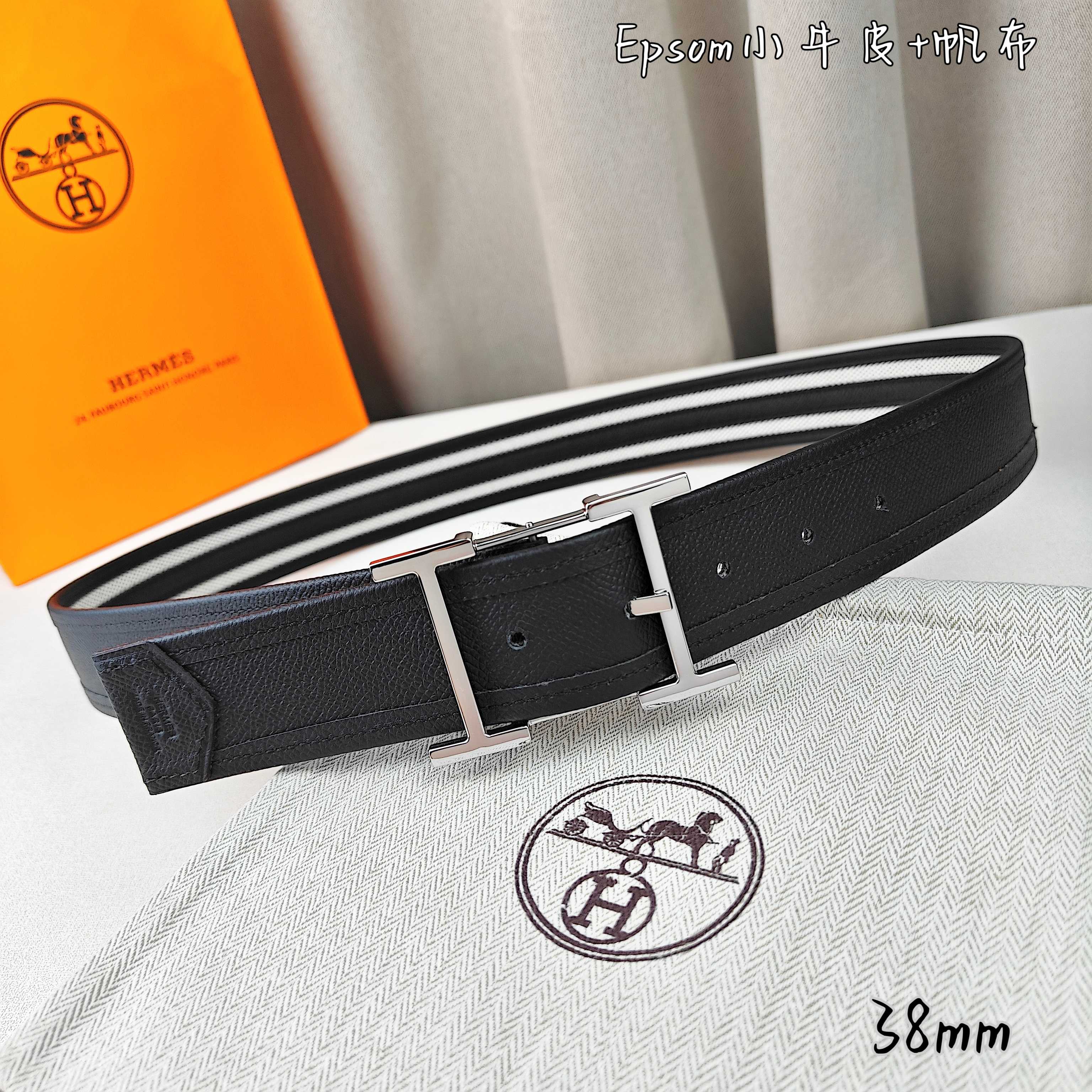   Hermès 爱马仕 新款针扣皮带  原单品质  原版EPsom小牛皮搭配帆布材质  黑色  38m